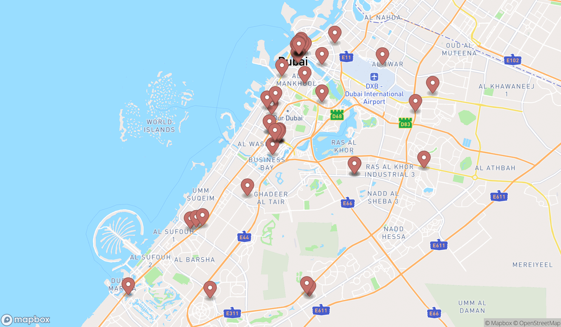 Map showing the search results in Dubai