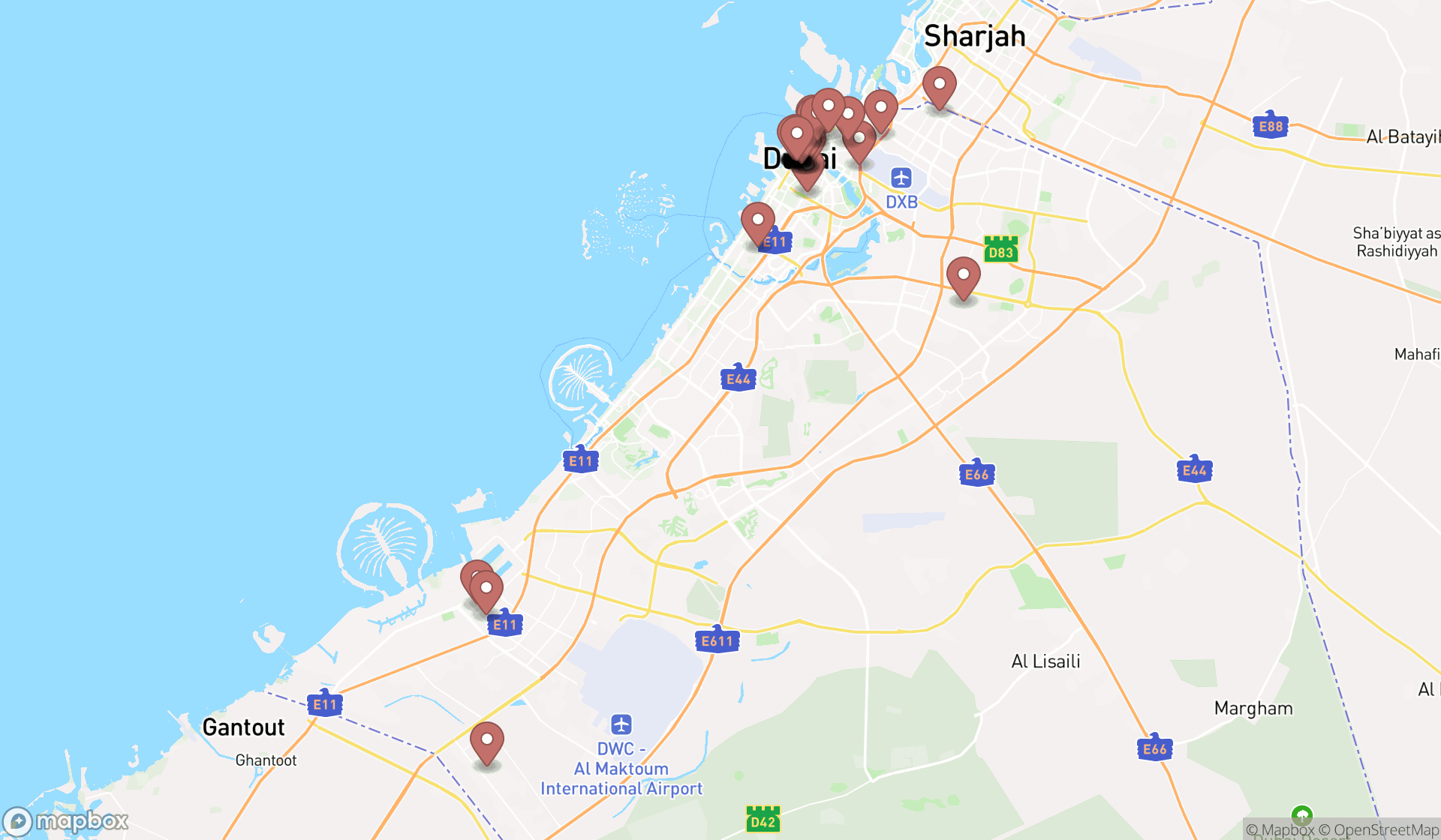 Map showing the search results in Dubai