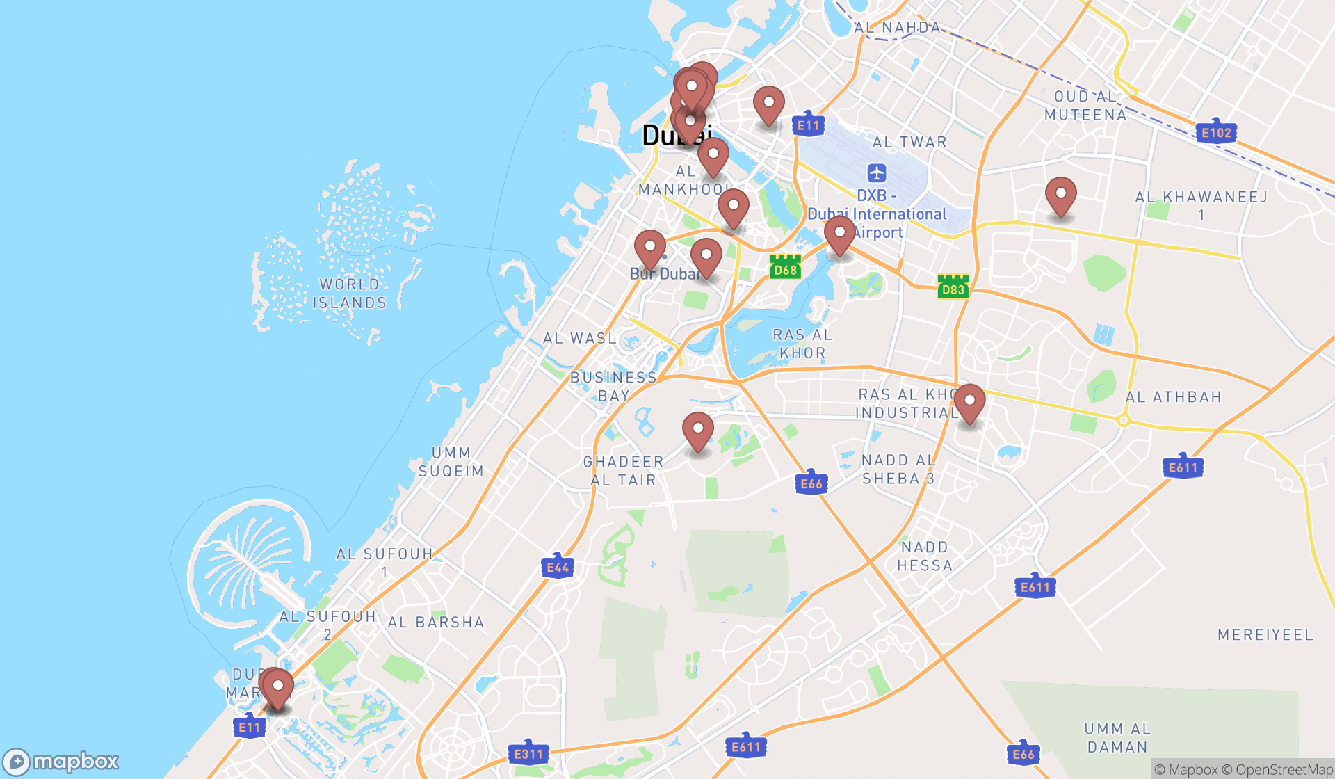 Map showing the search results in Dubai