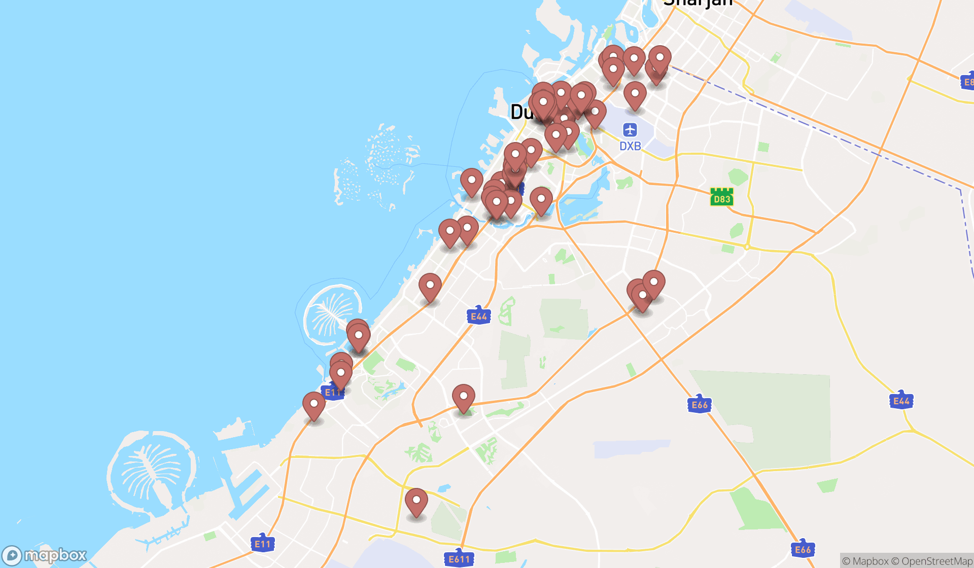 Map showing the search results in Dubai