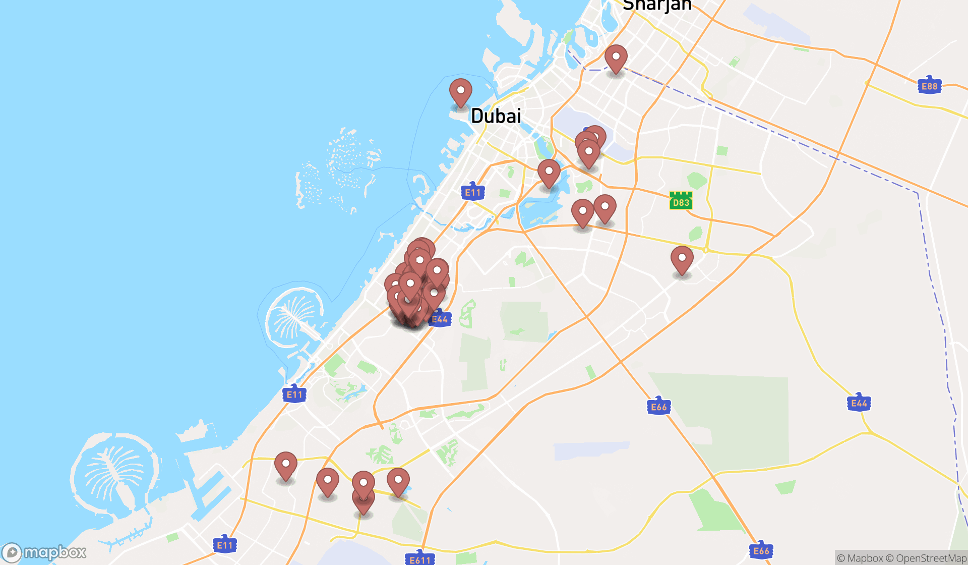 Map showing the search results in Dubai