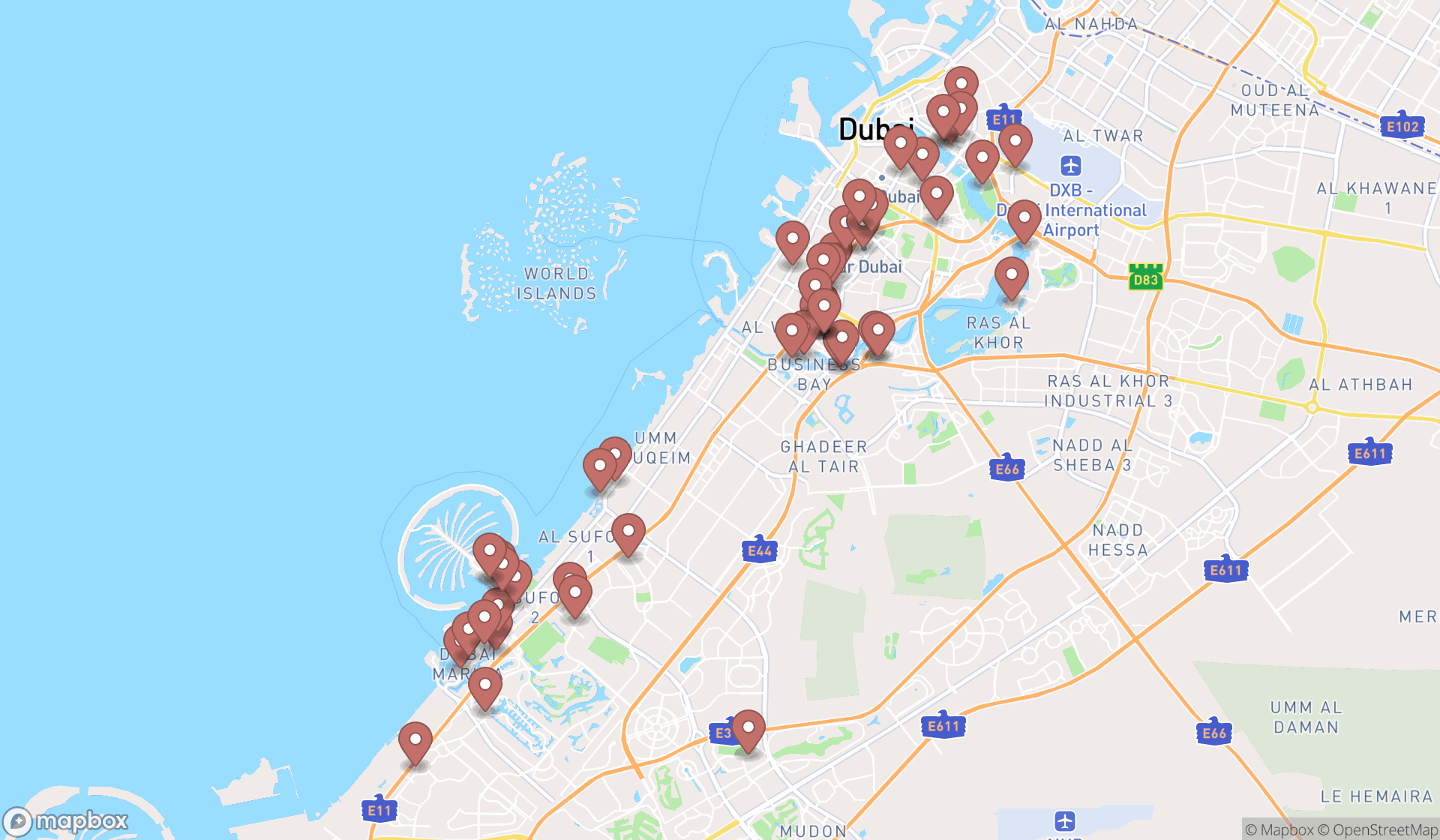 Map showing the search results in Dubai
