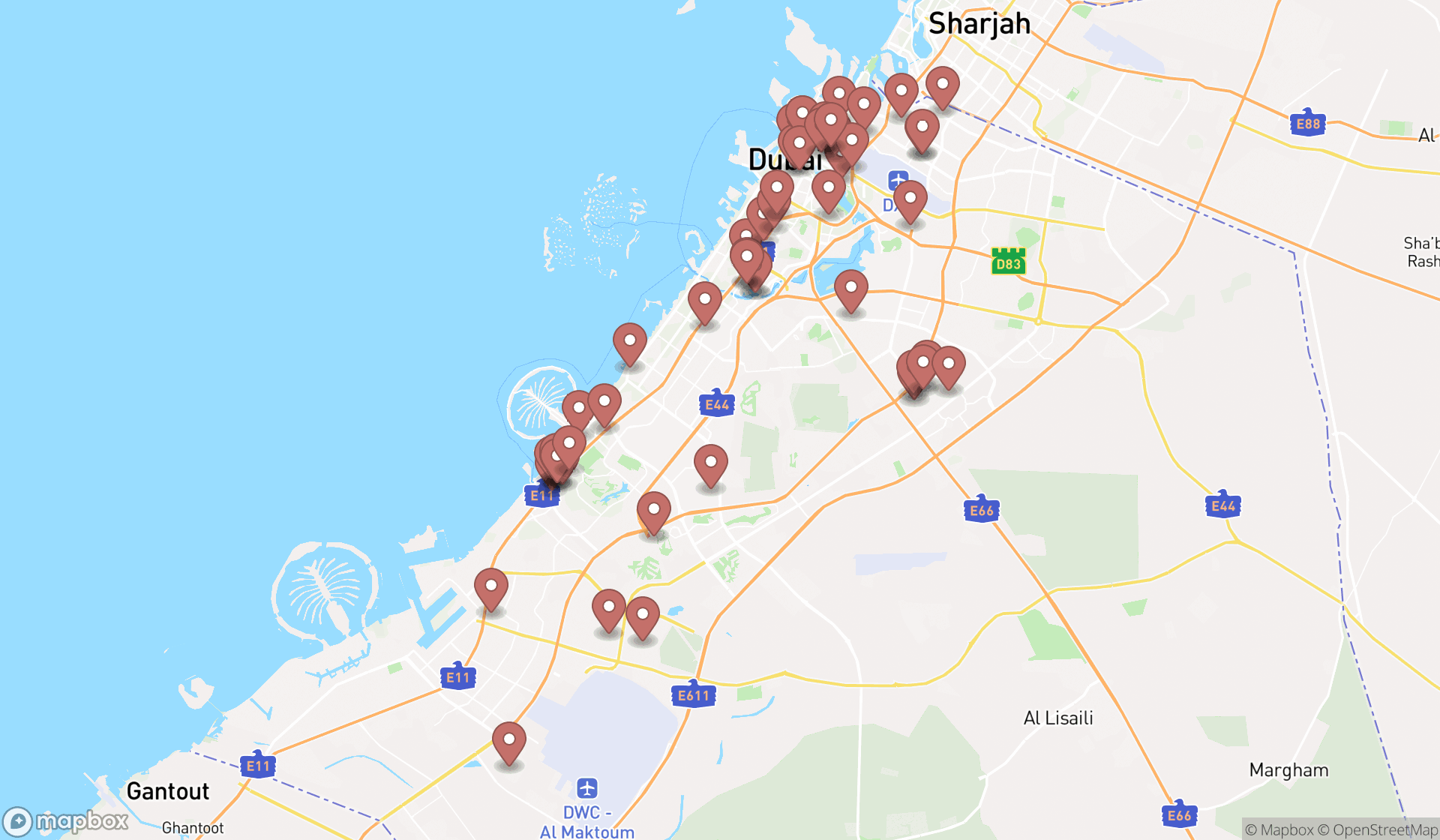 Map showing the search results in Dubai