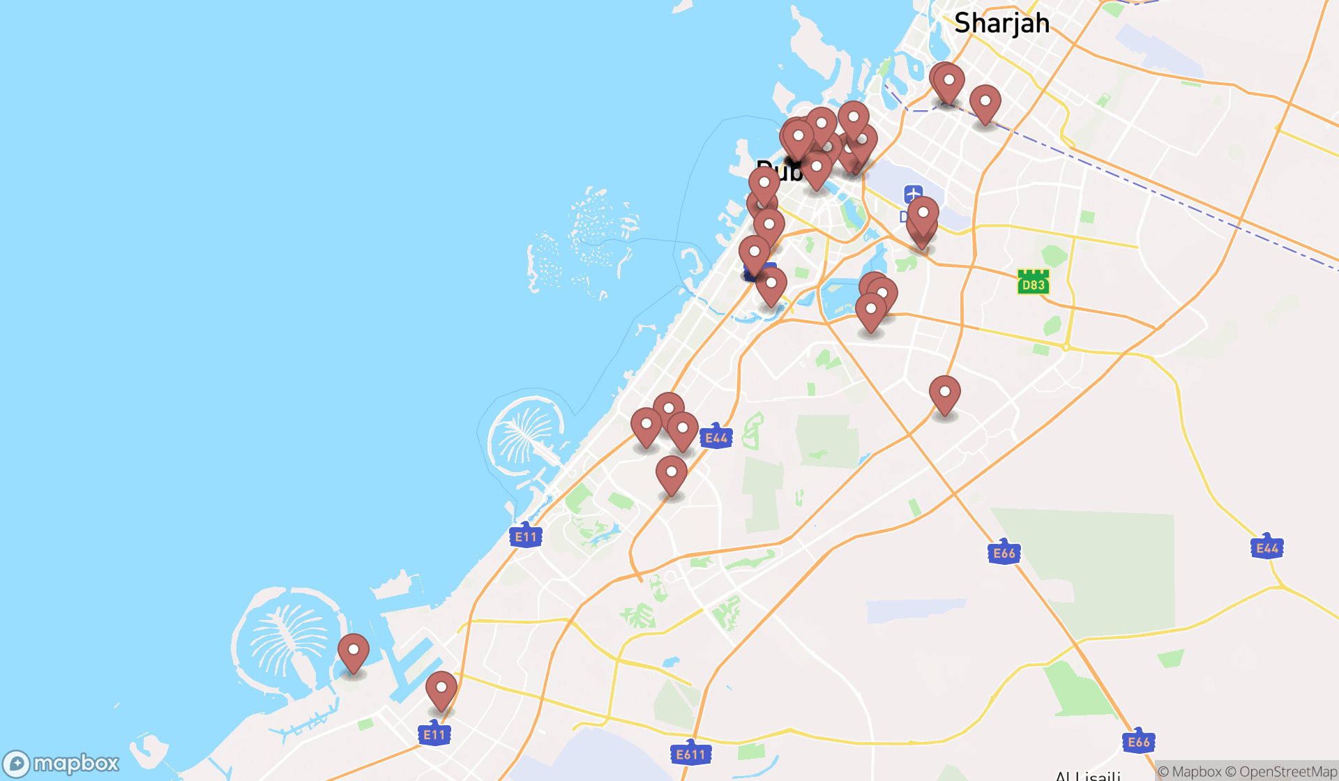 Map showing the search results in Dubai