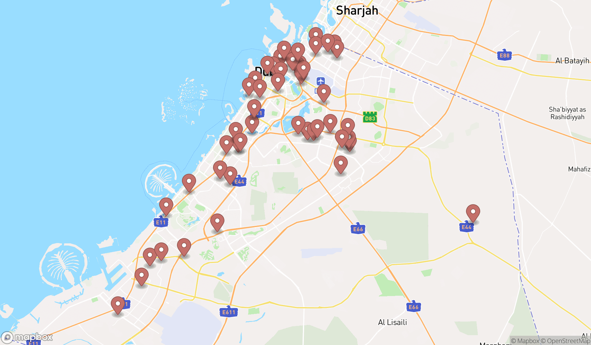 Map showing the search results in Dubai
