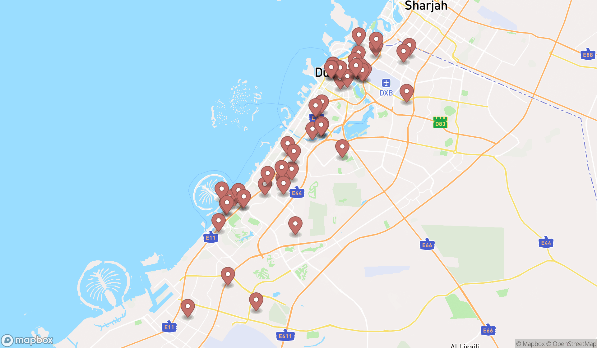 Map showing the search results in Dubai