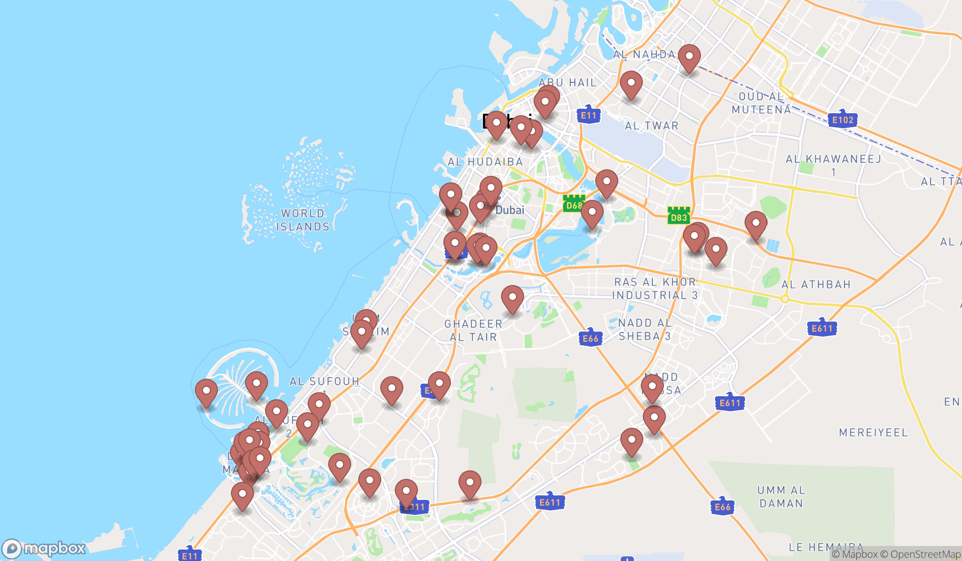 Map showing the search results in Dubai