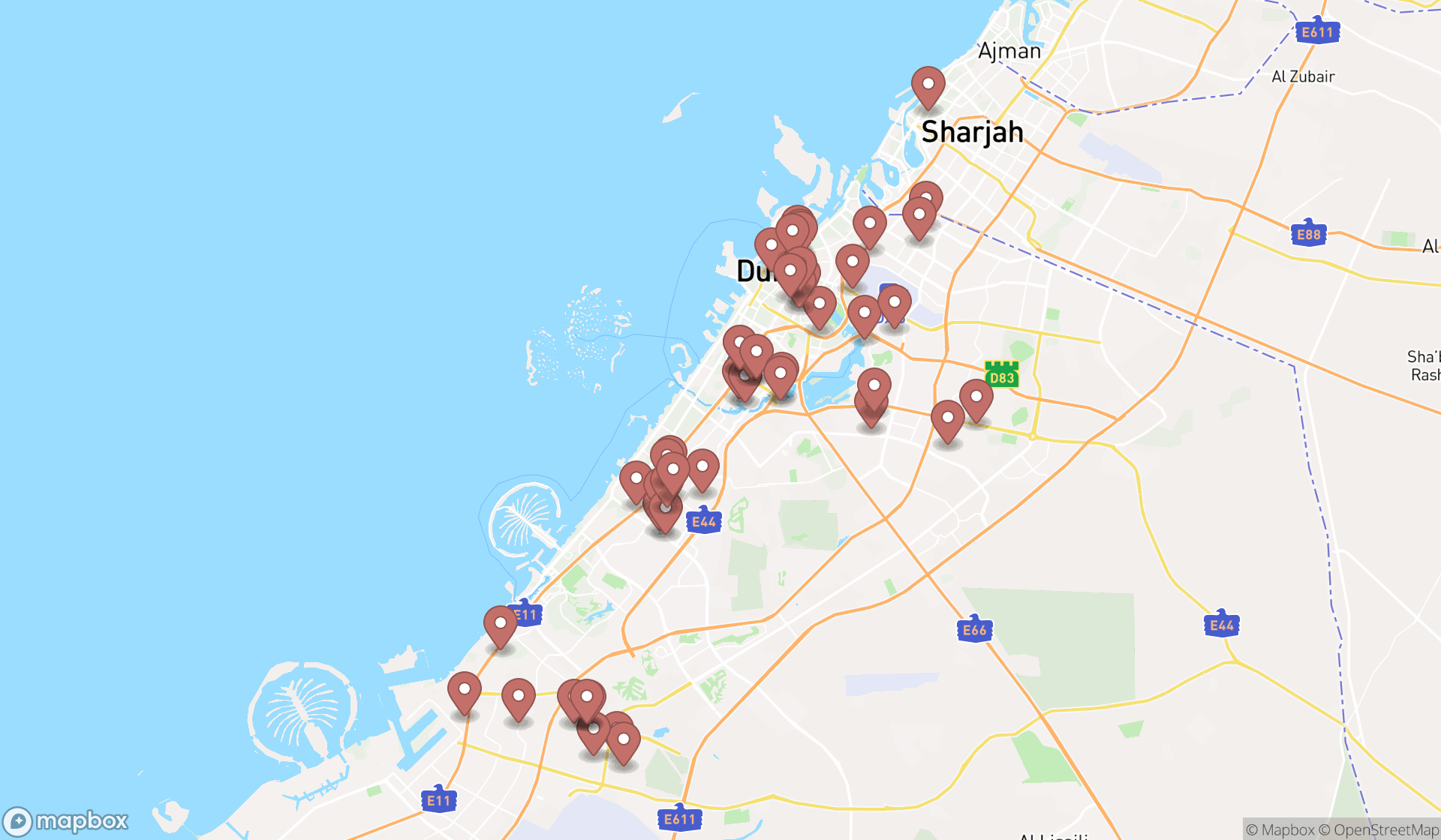 Map showing the search results in Dubai
