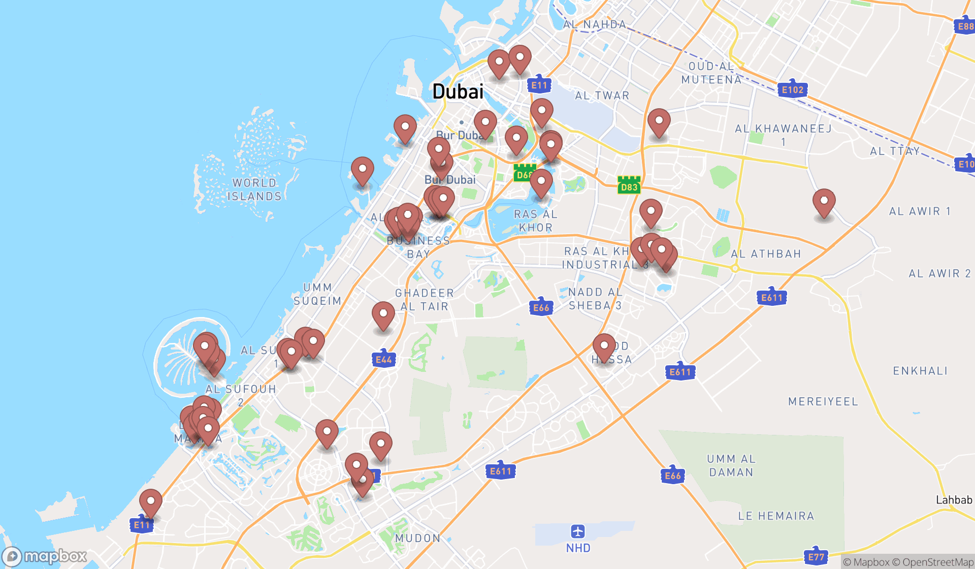 Map showing the search results in Dubai
