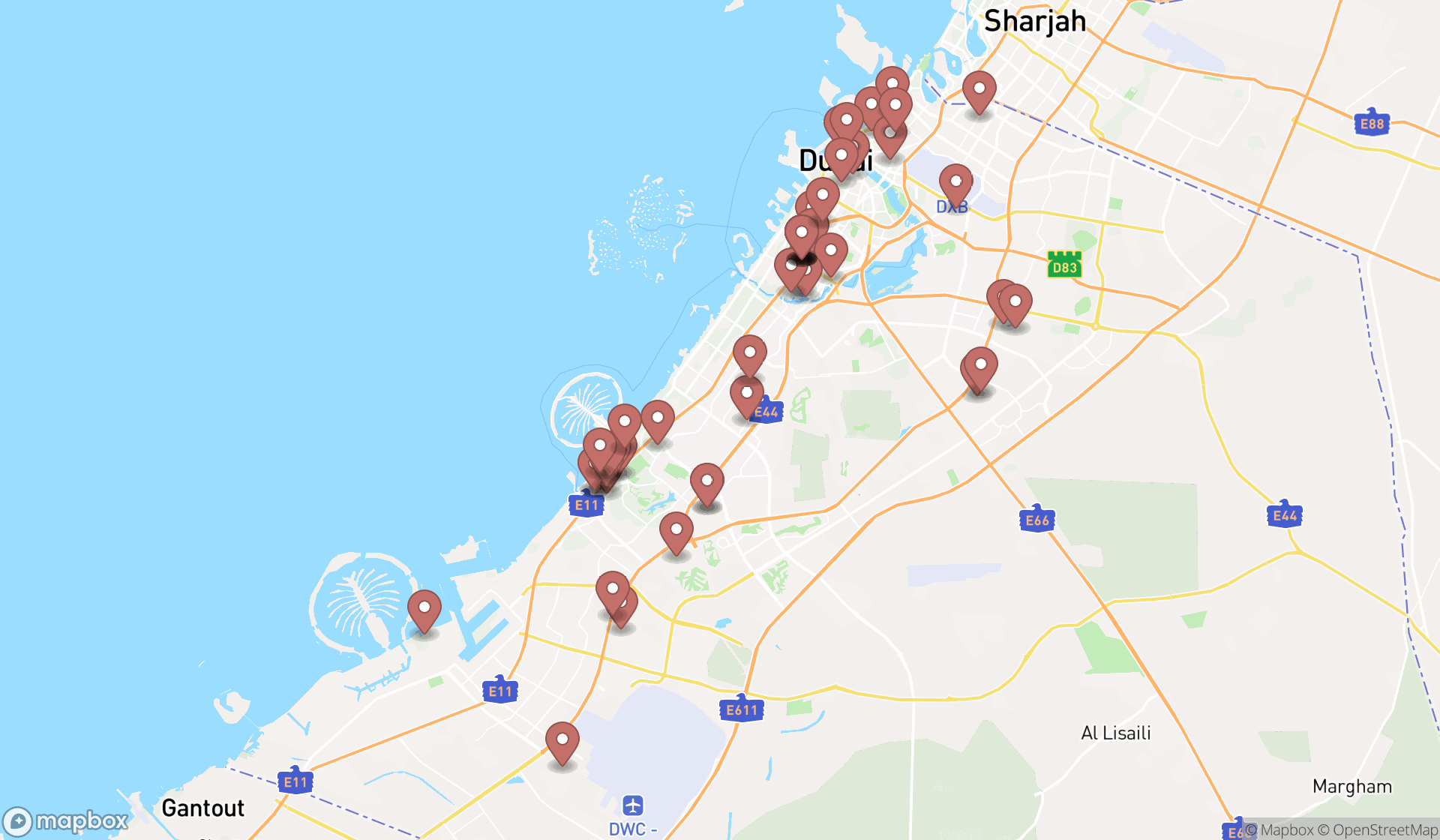 Map showing the search results in Dubai