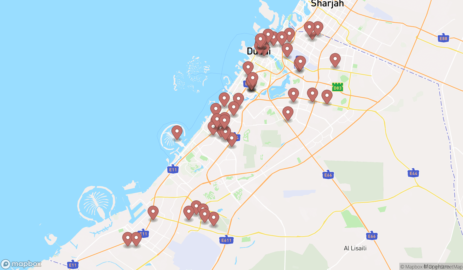 Map showing the search results in Dubai