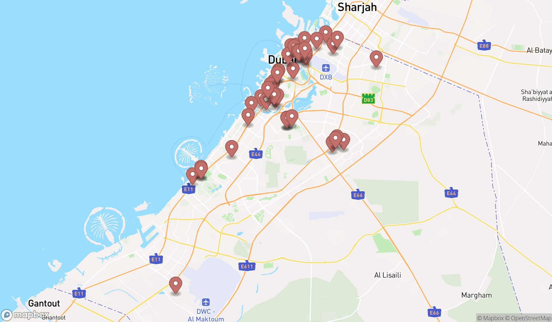 Map showing the search results in Dubai