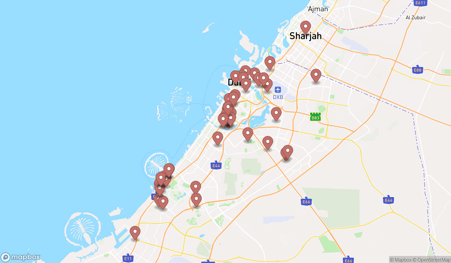 Map showing the search results in Dubai