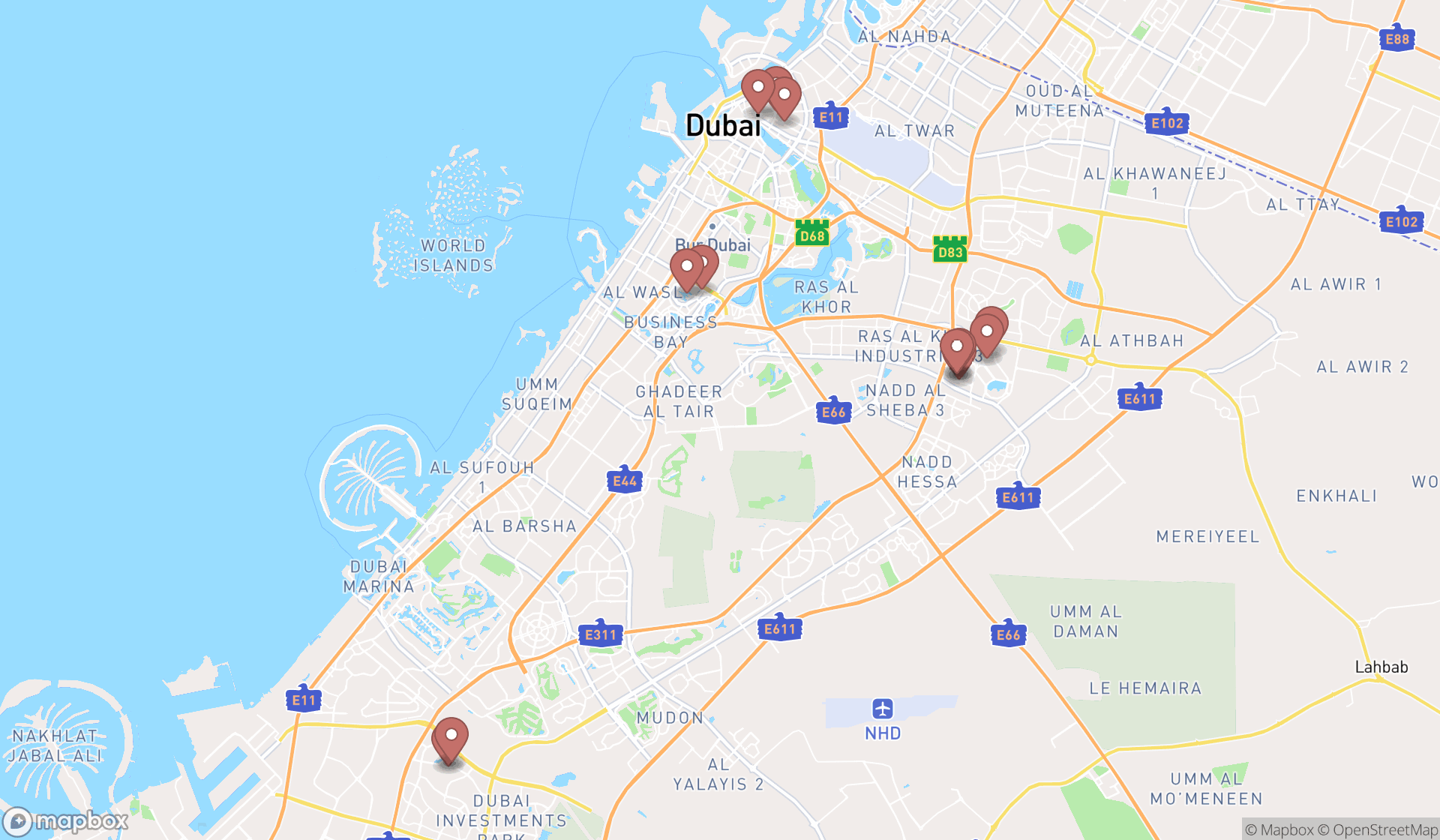 Map showing the search results in Dubai
