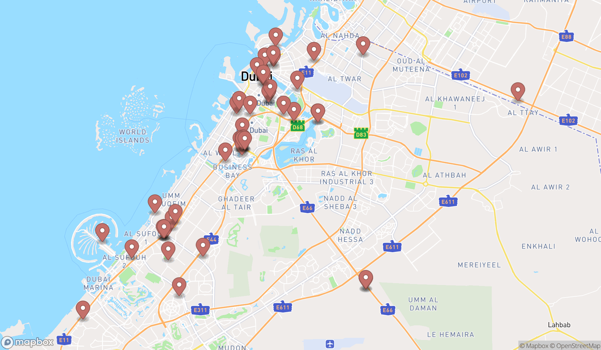 Map showing the search results in Dubai