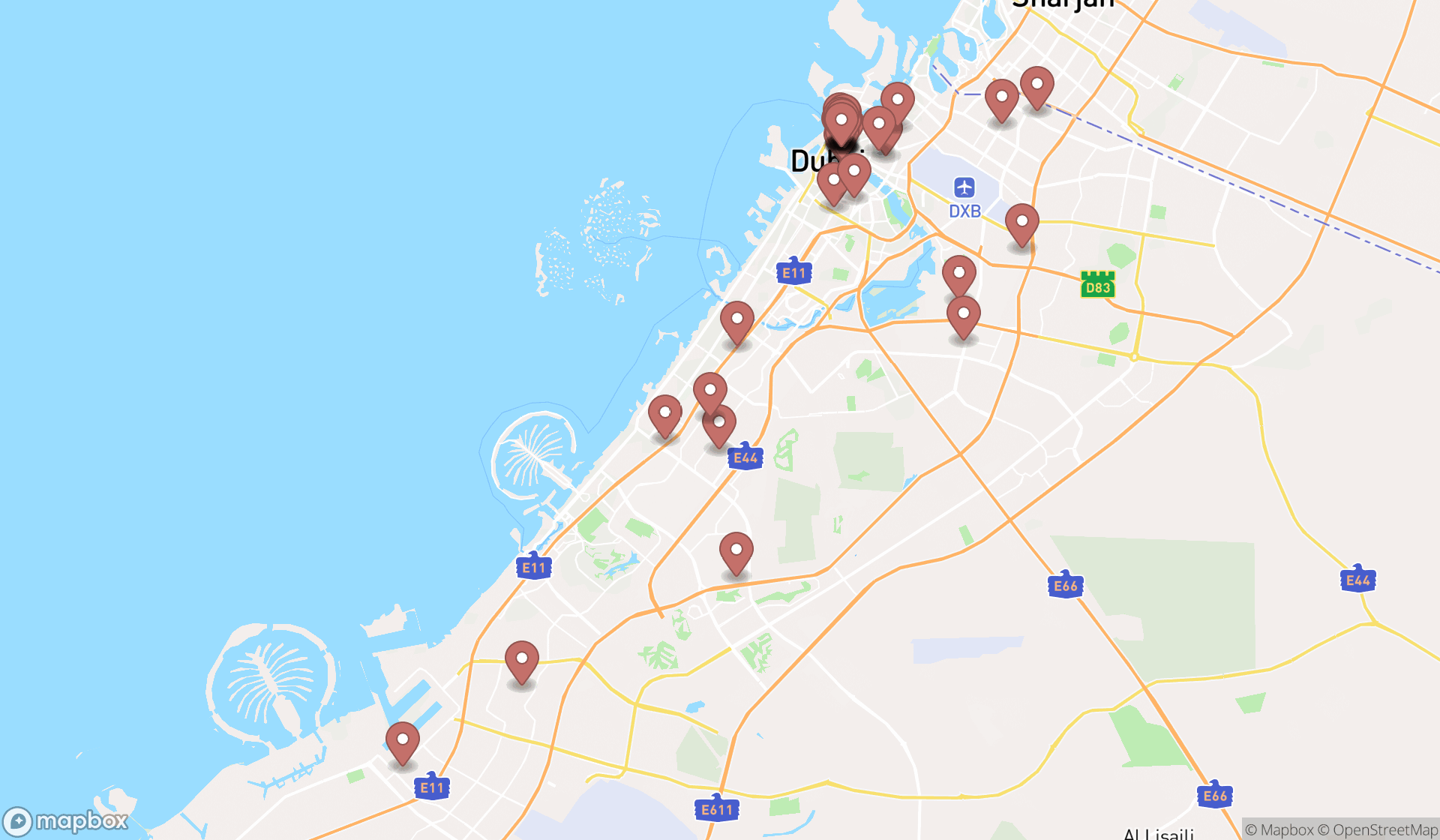 Map showing the search results in Dubai