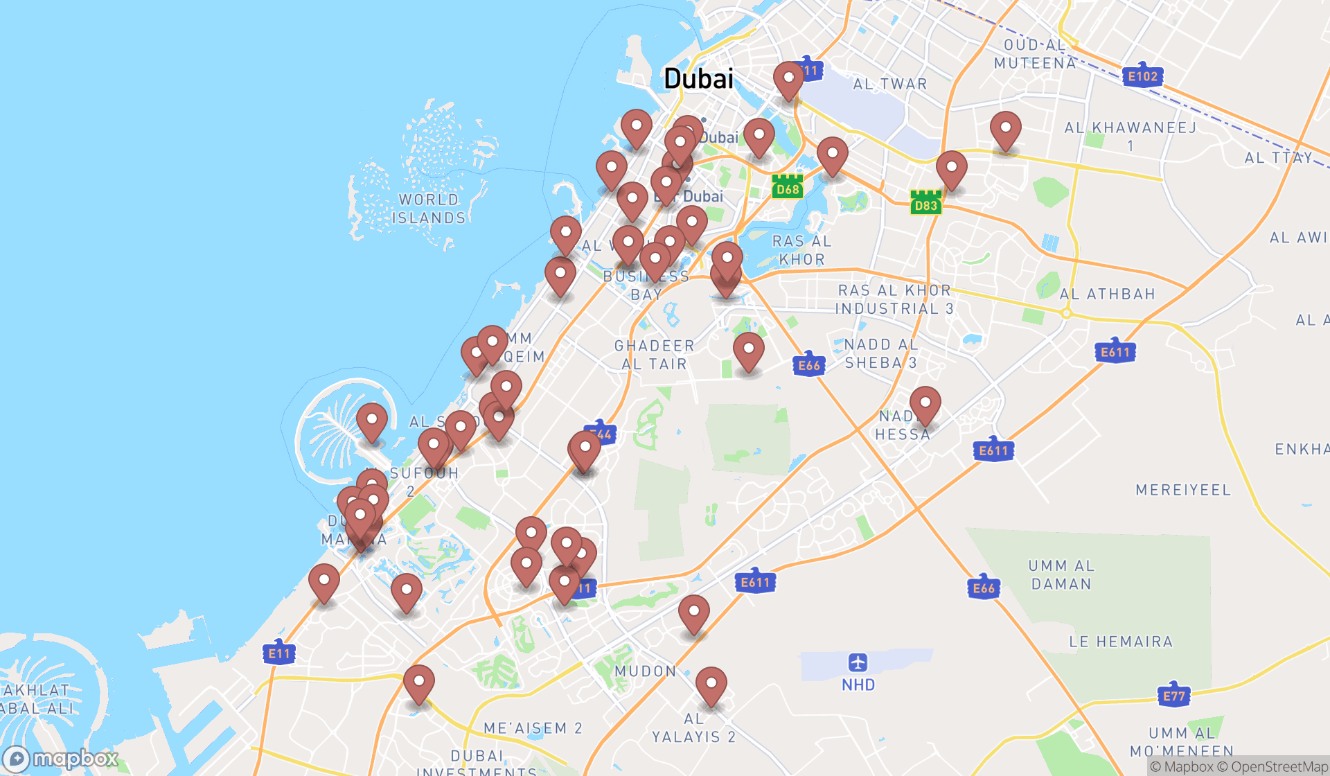 Map showing the search results in Dubai