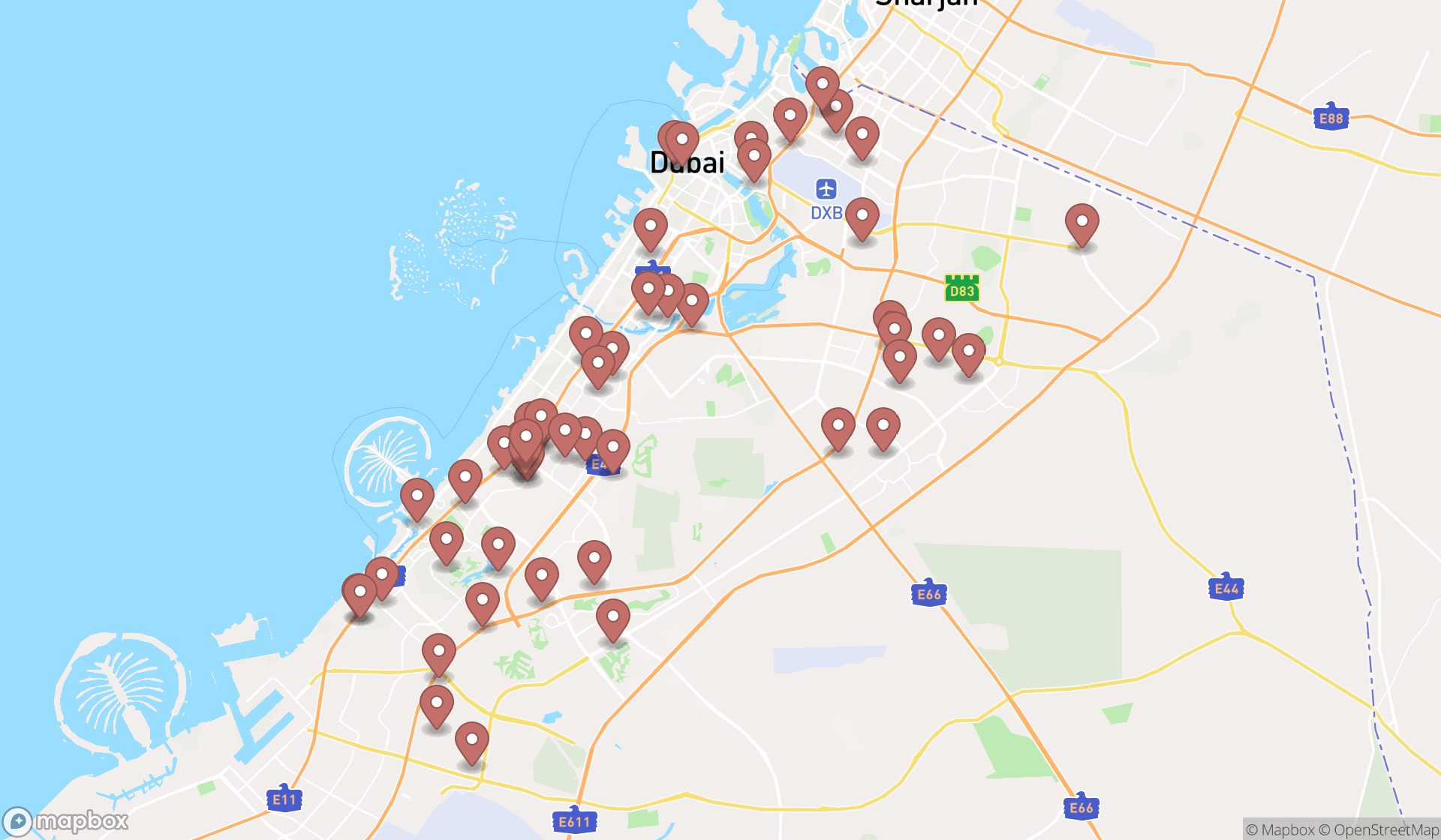 Map showing the search results in Dubai