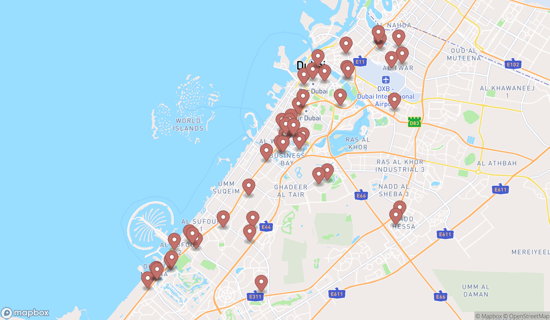 Map showing the search results in Dubai