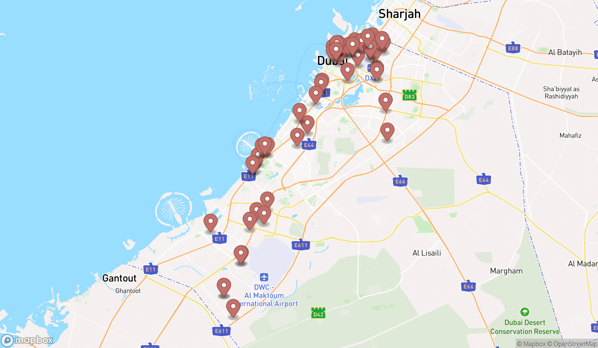 Map showing the search results in Dubai