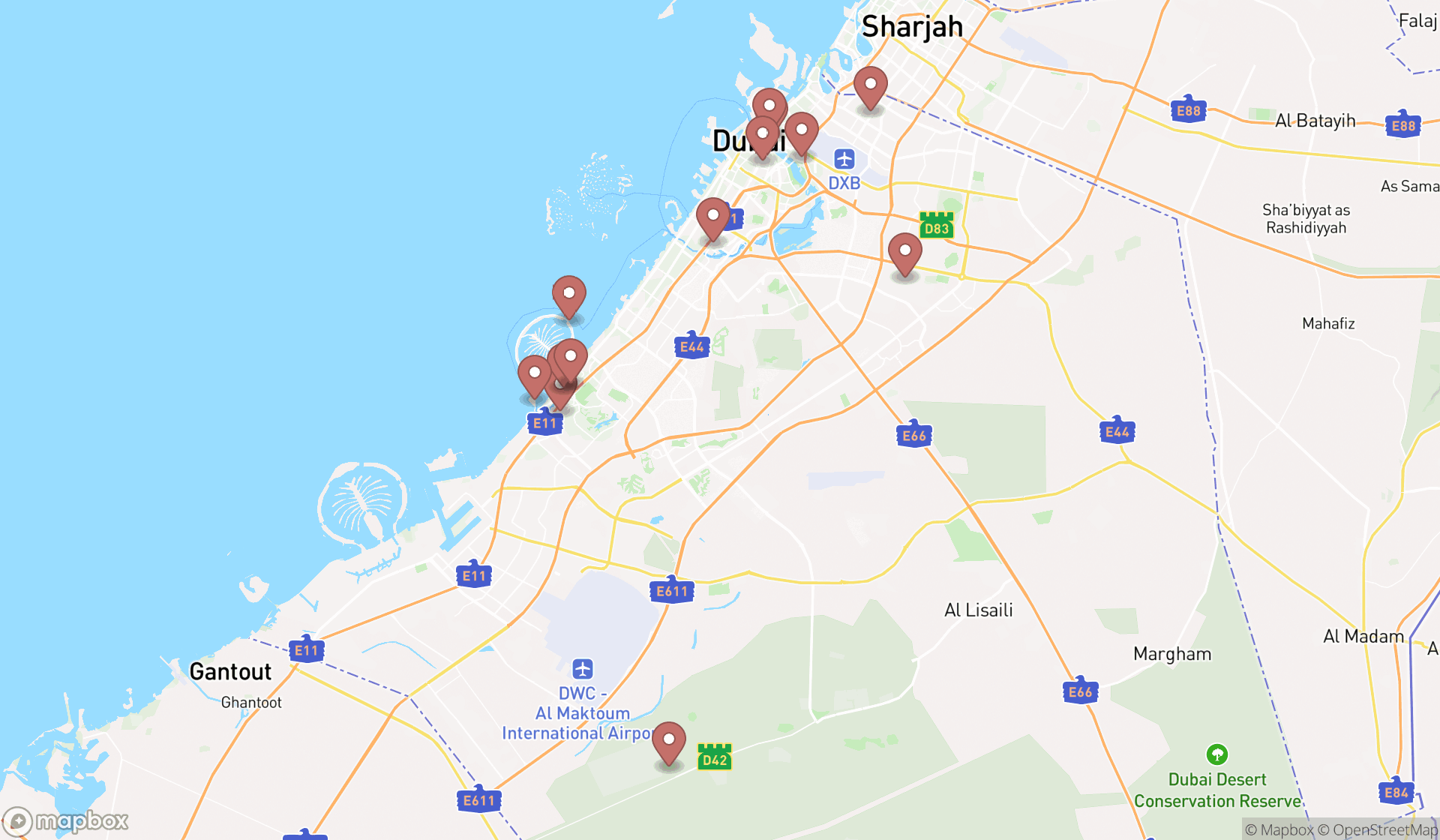 Map showing the search results in Dubai