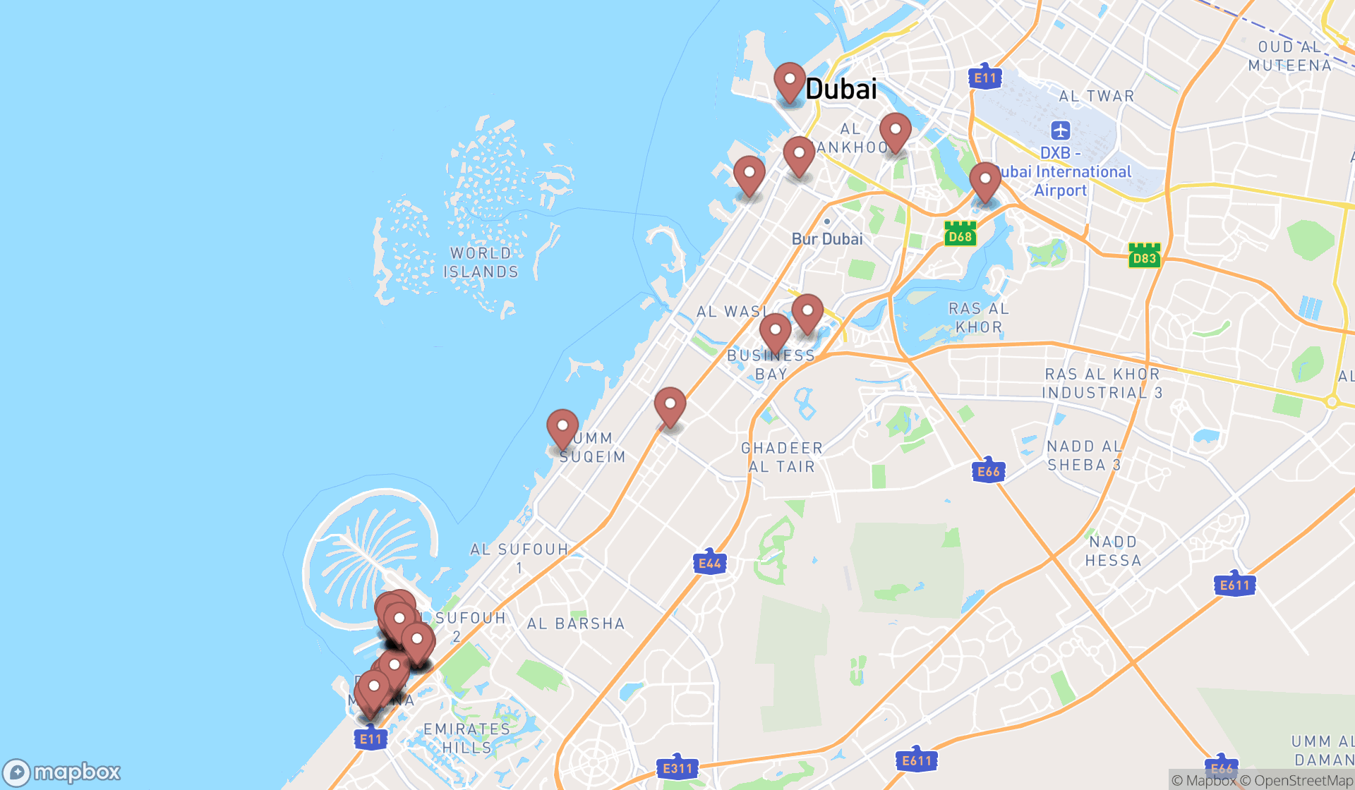 Map showing the search results in Dubai