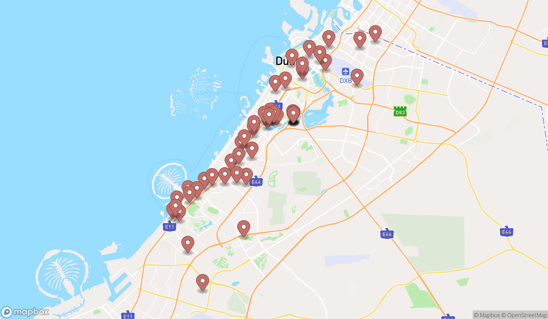Map showing the search results in Dubai