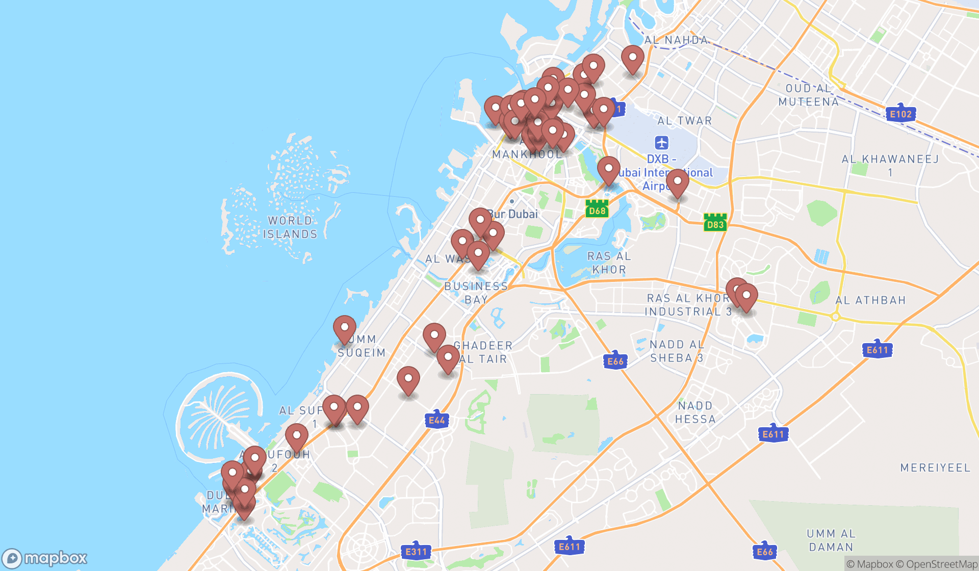 Map showing the search results in Dubai