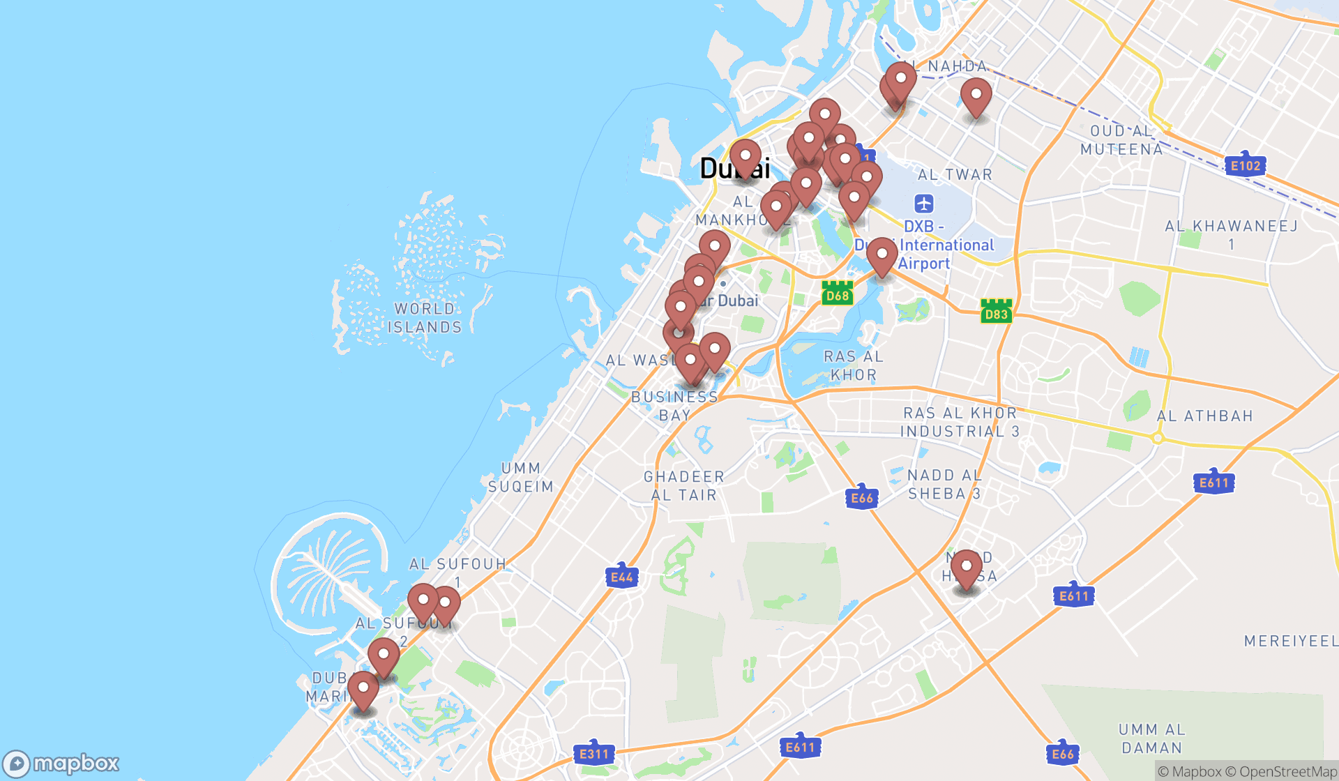 Map showing the search results in Dubai