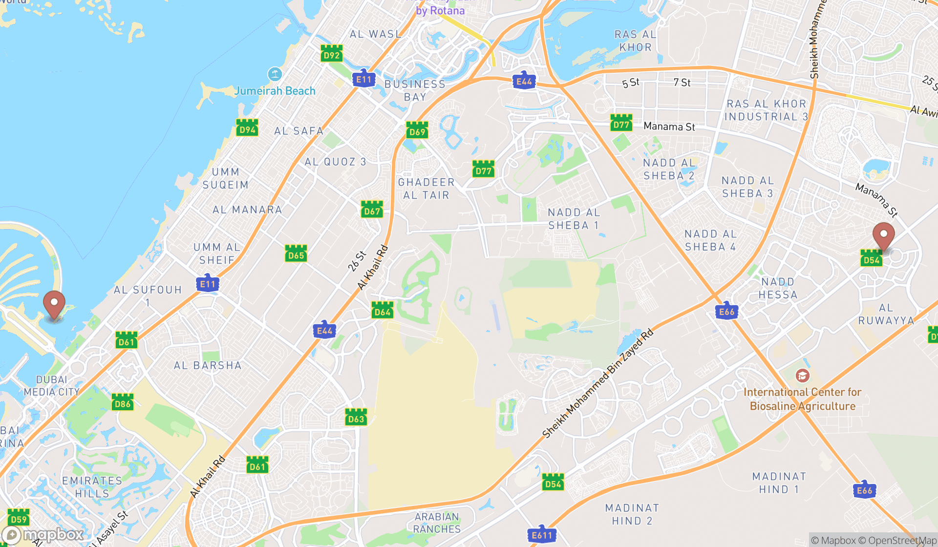 Map showing the search results in Dubai
