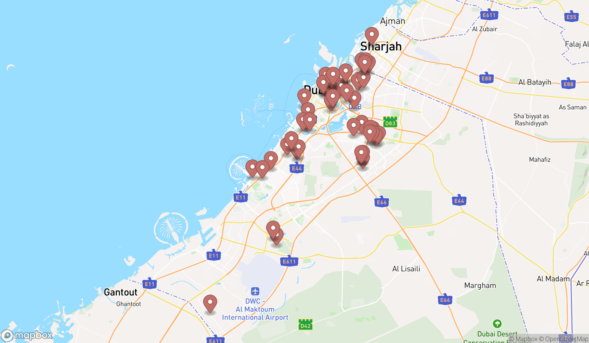 Map showing the search results in Dubai