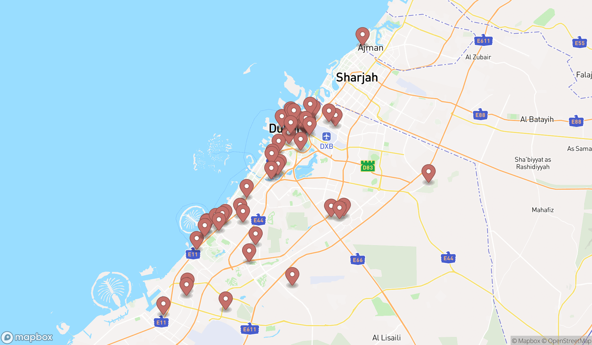 Map showing the search results in Dubai