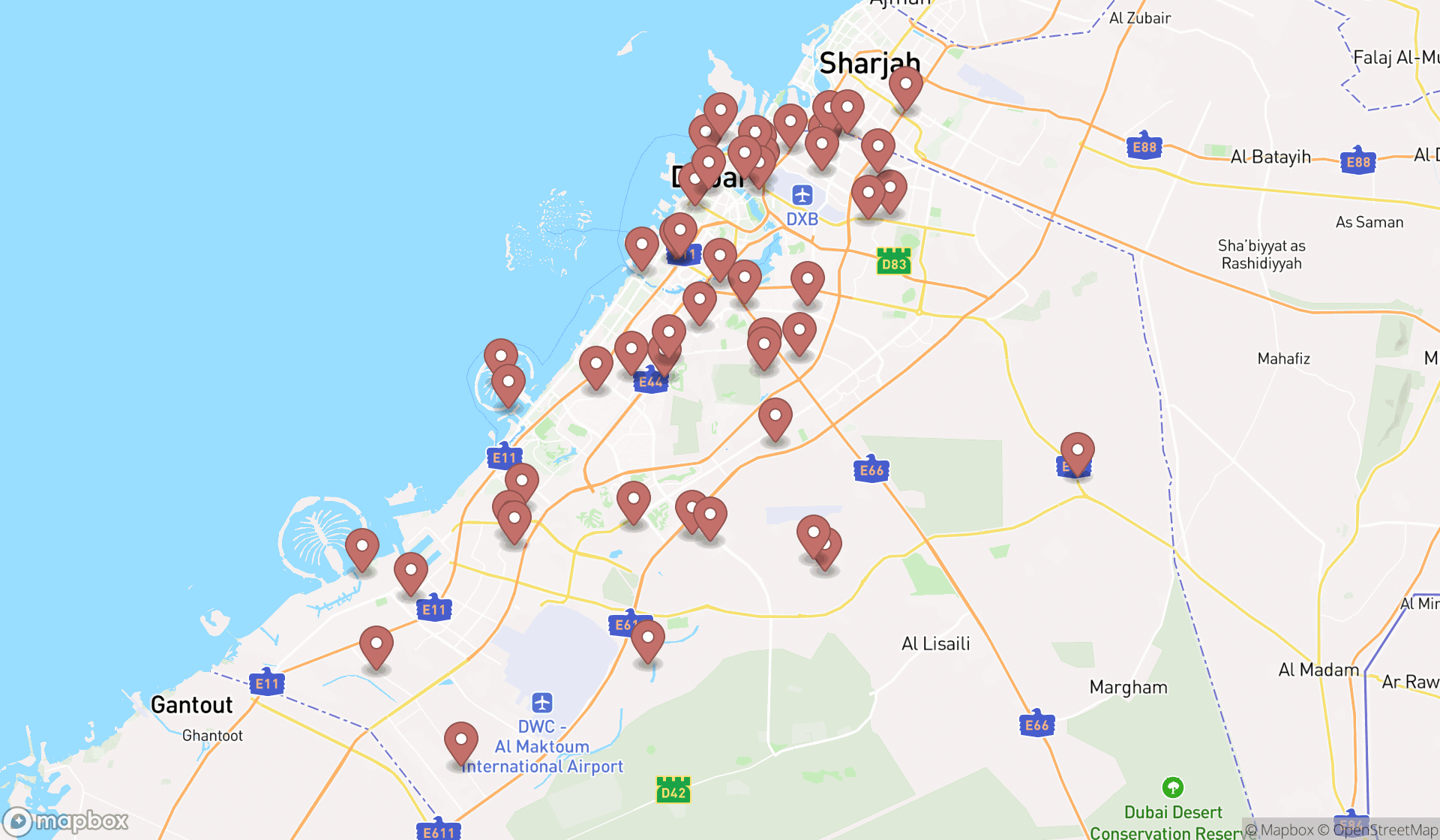 Map showing the search results in Dubai