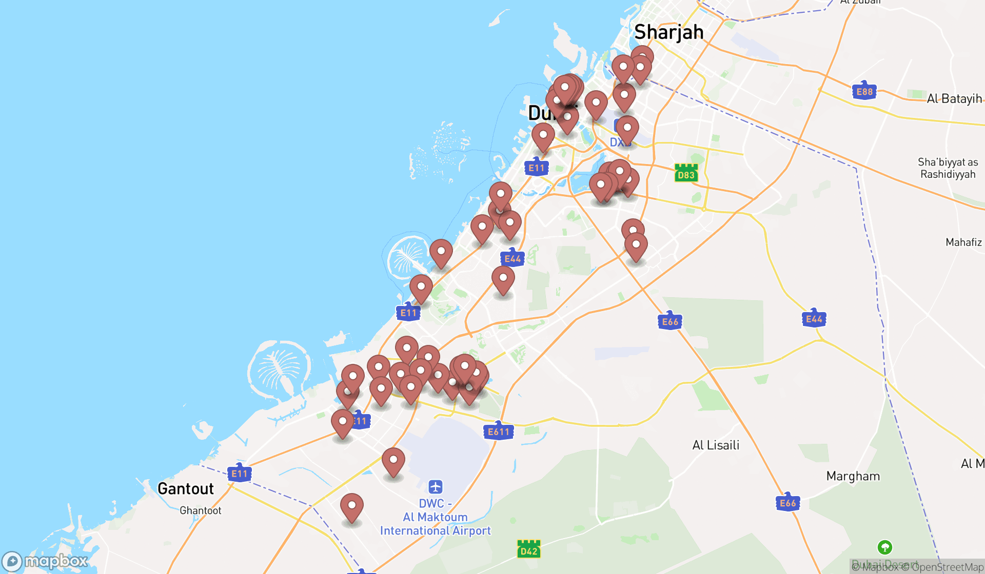 Map showing the search results in Dubai