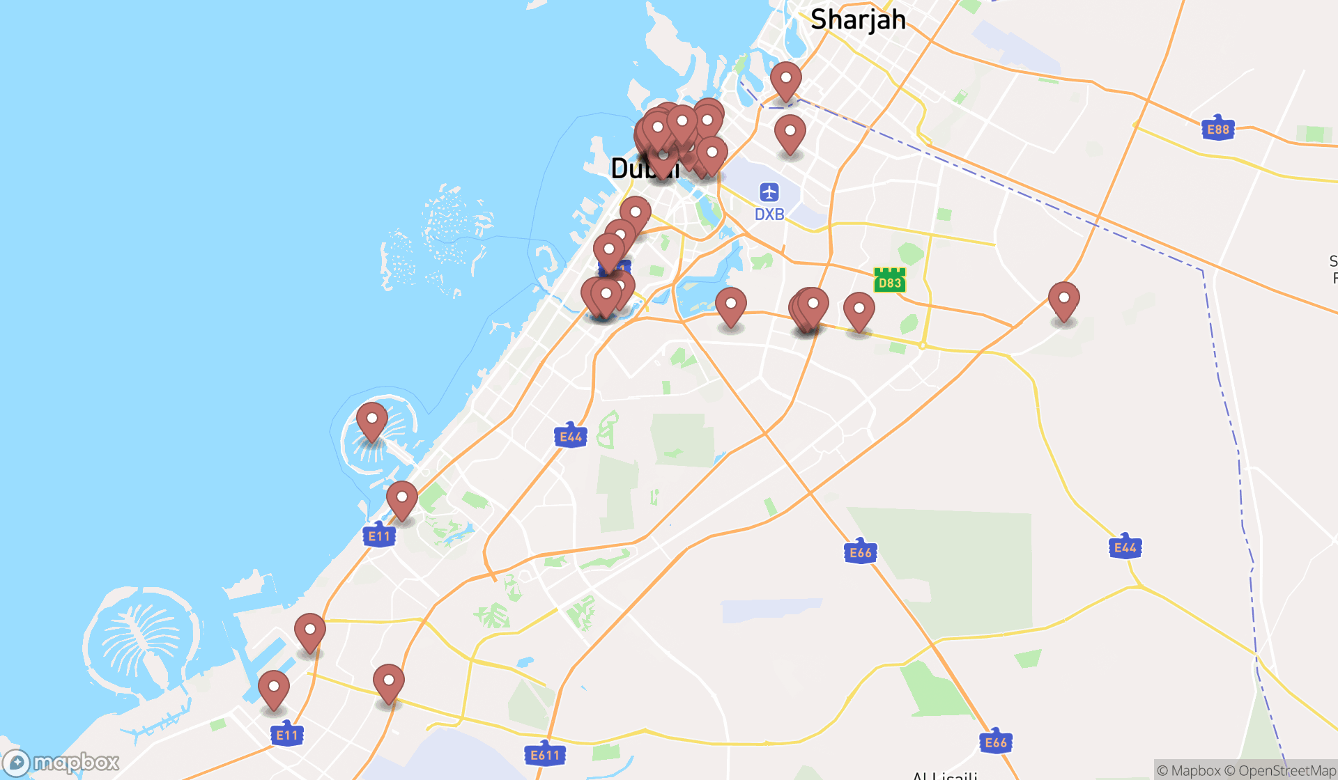 Map showing the search results in Dubai
