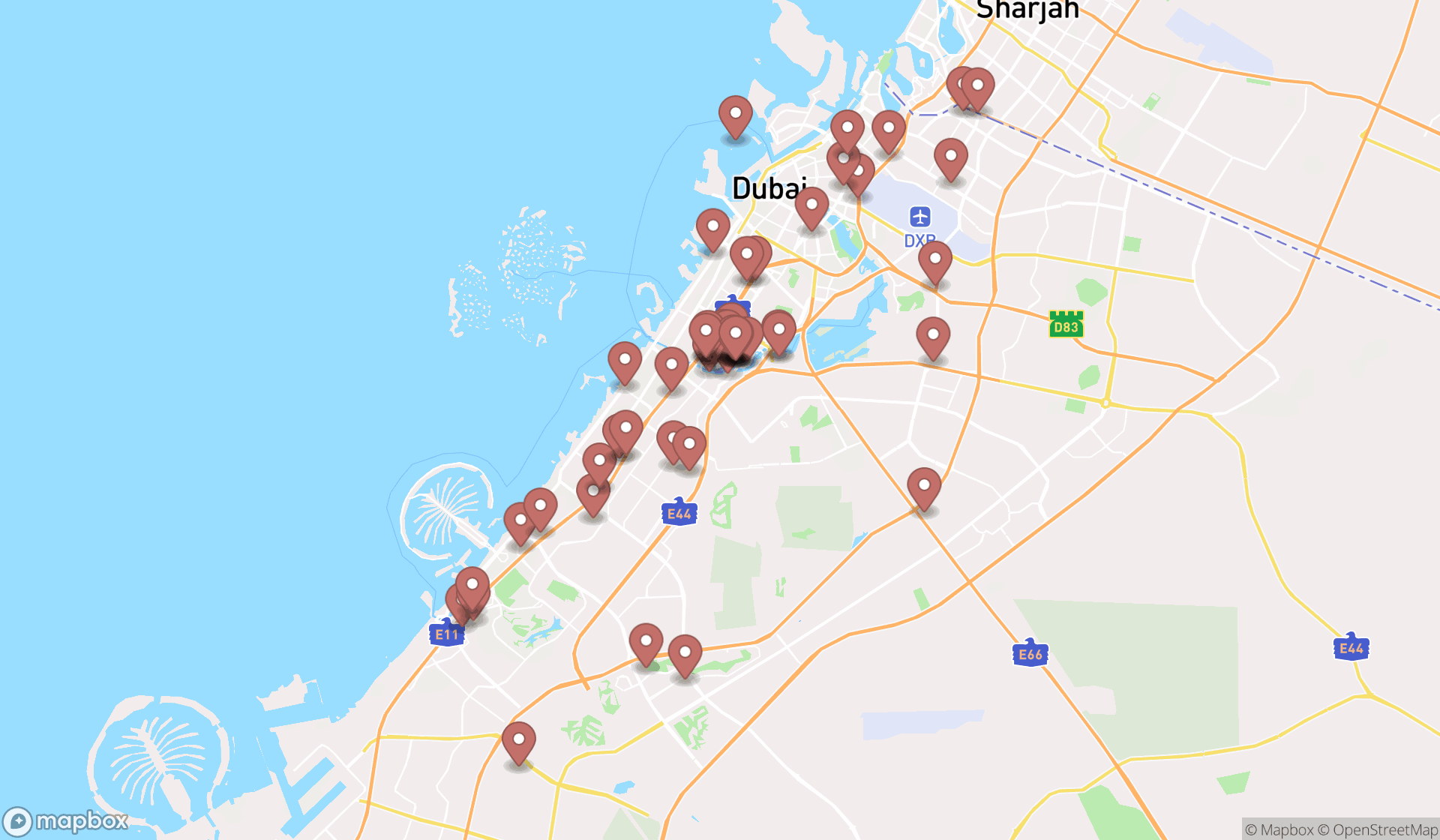 Map showing the search results in Dubai