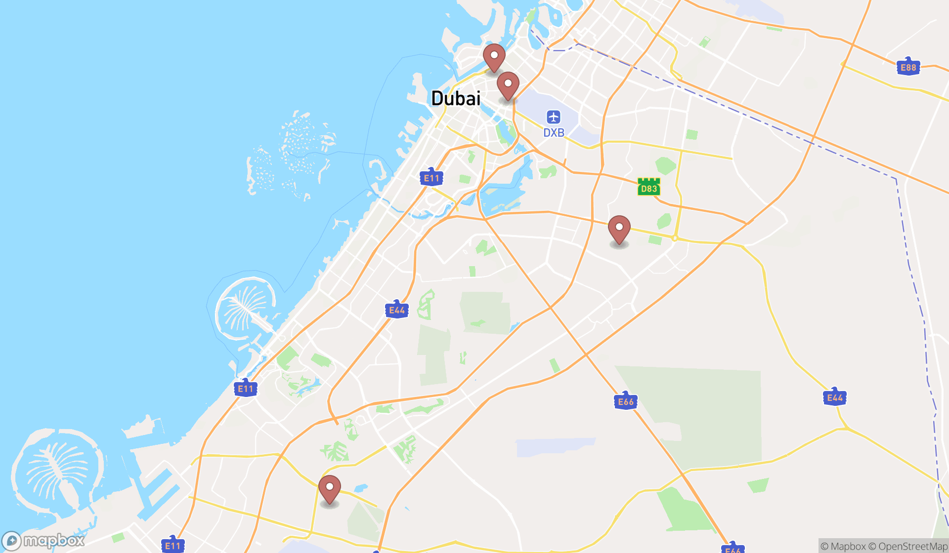 Map showing the search results in Dubai