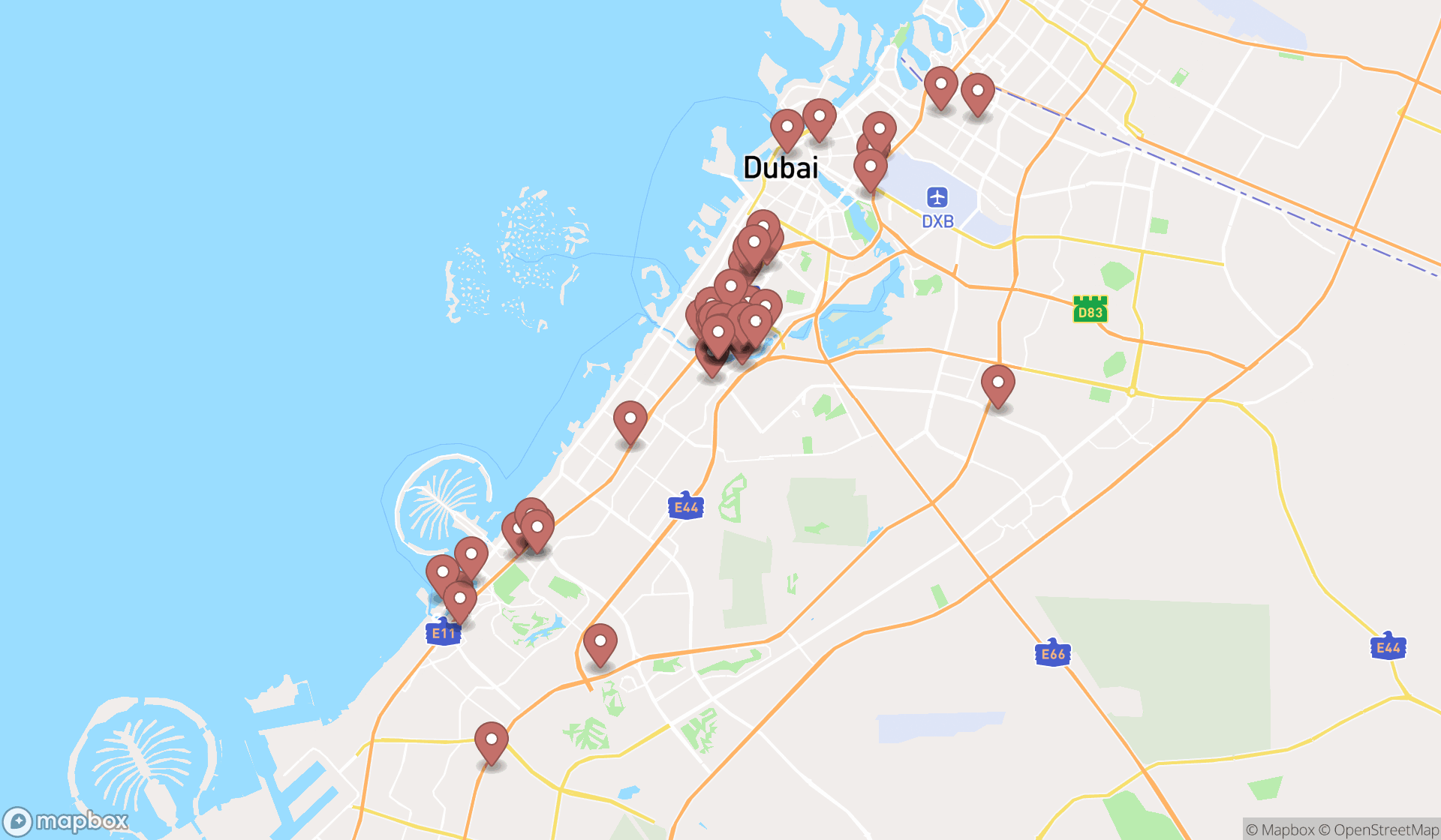 Map showing the search results in Dubai