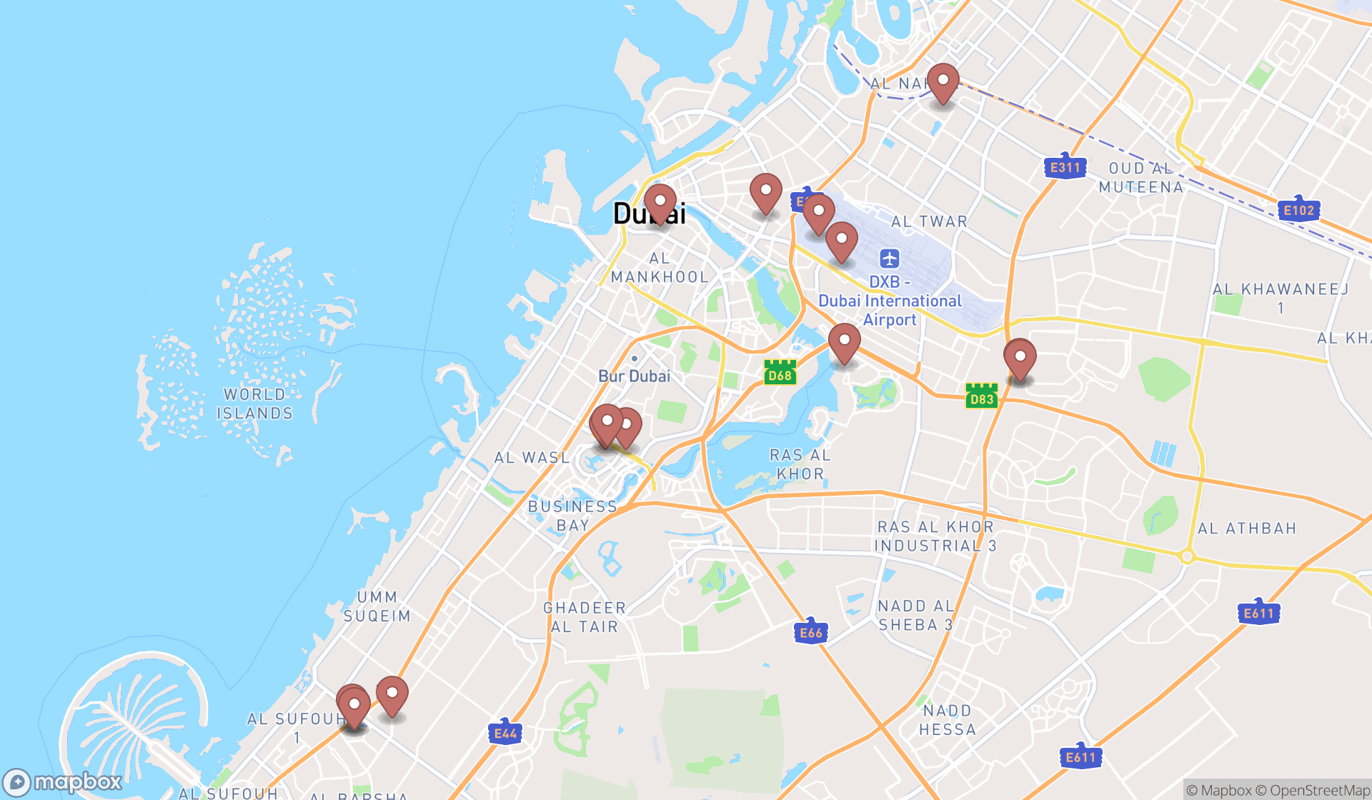 Map showing the search results in Dubai
