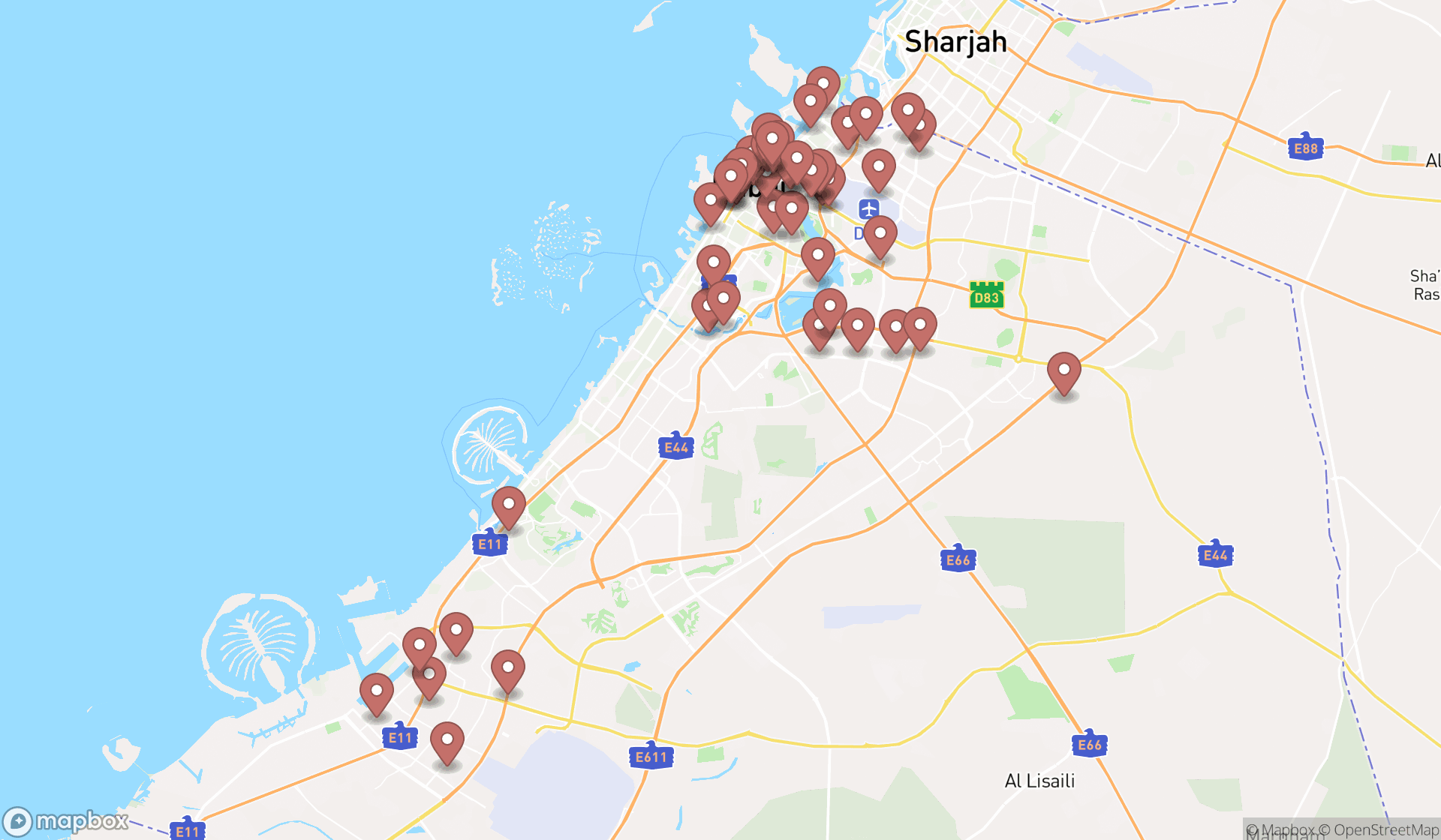 Map showing the search results in Dubai