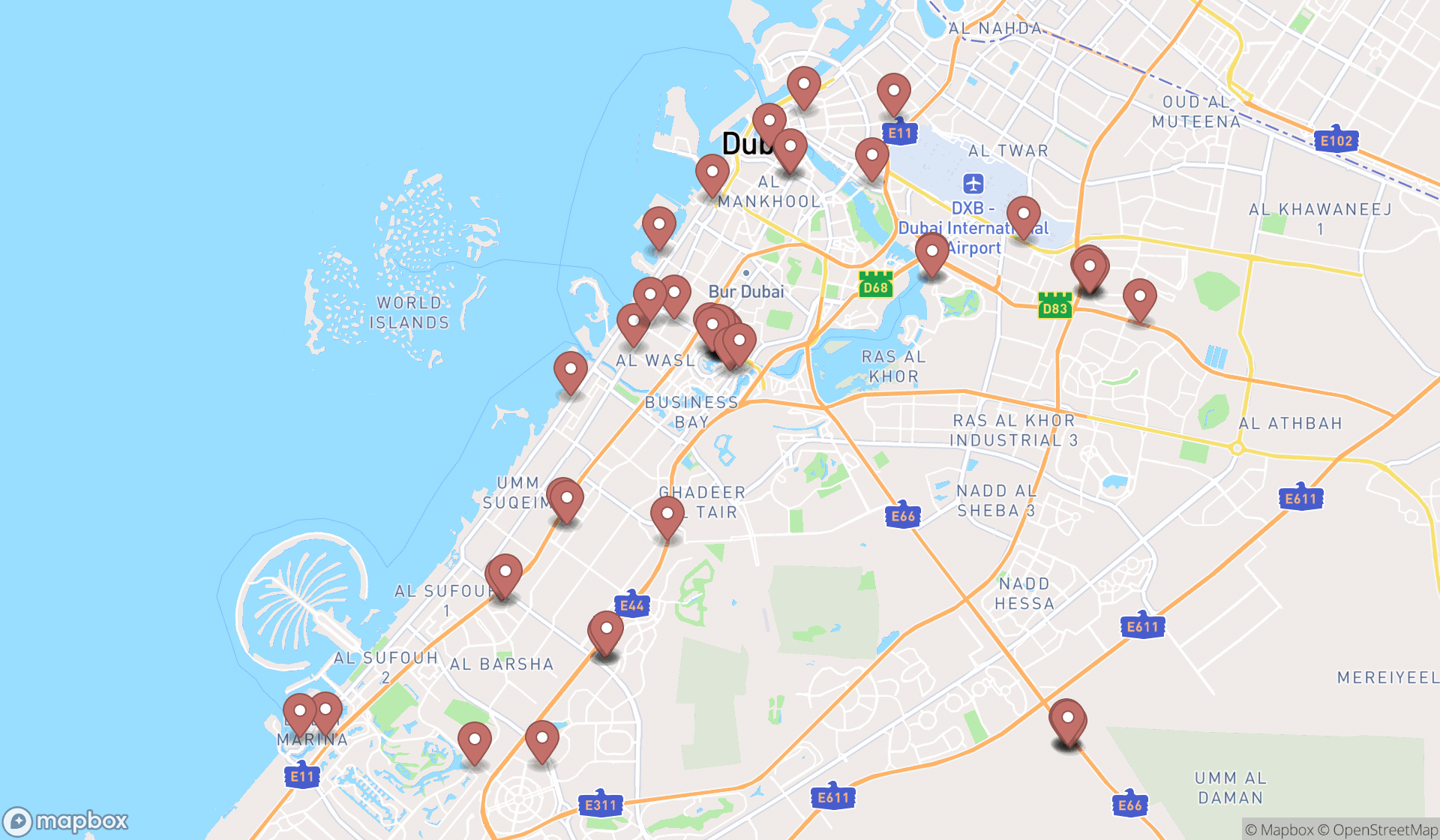 Map showing the search results in Dubai