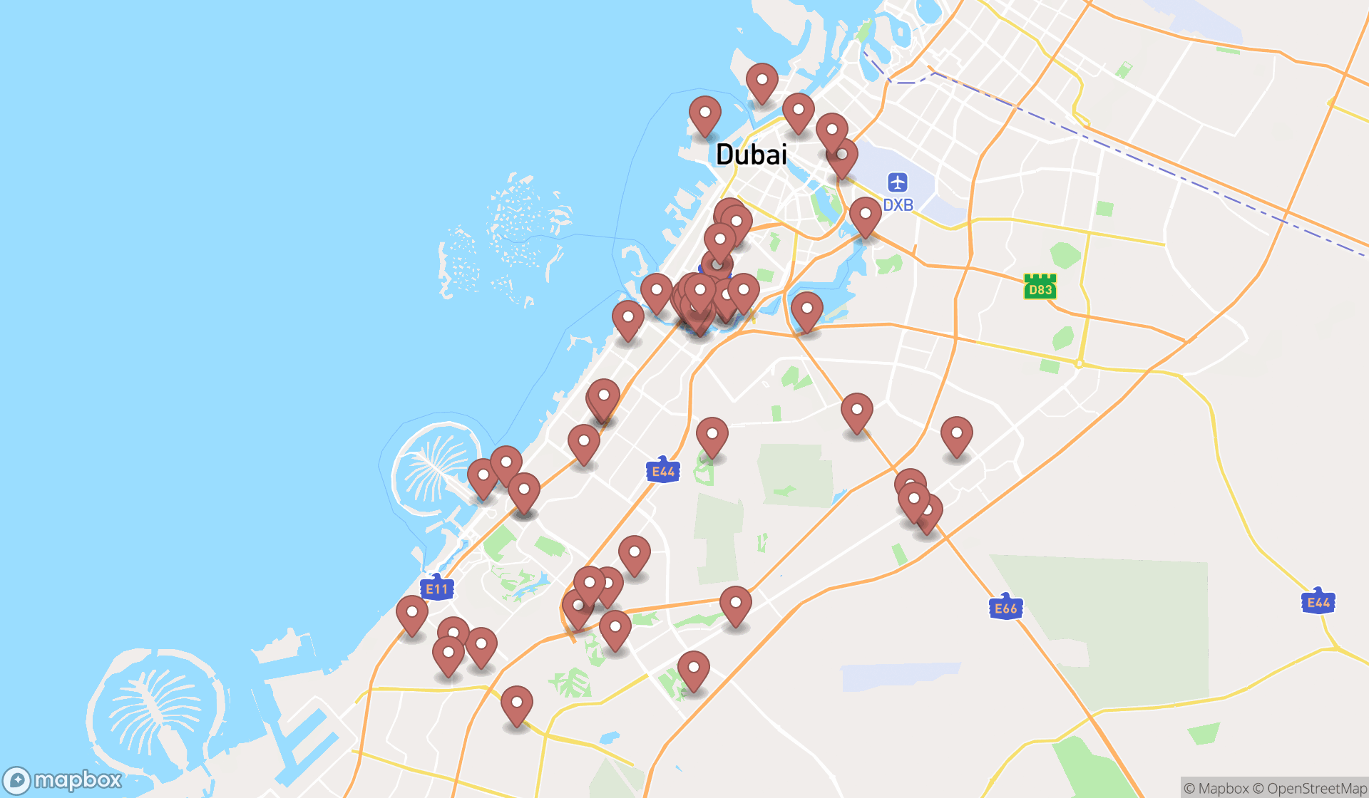 Map showing the search results in Dubai