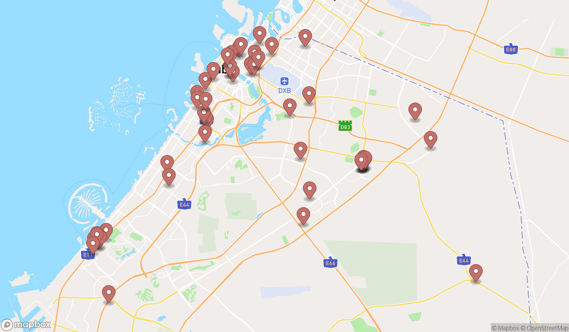 Map showing the search results in Dubai