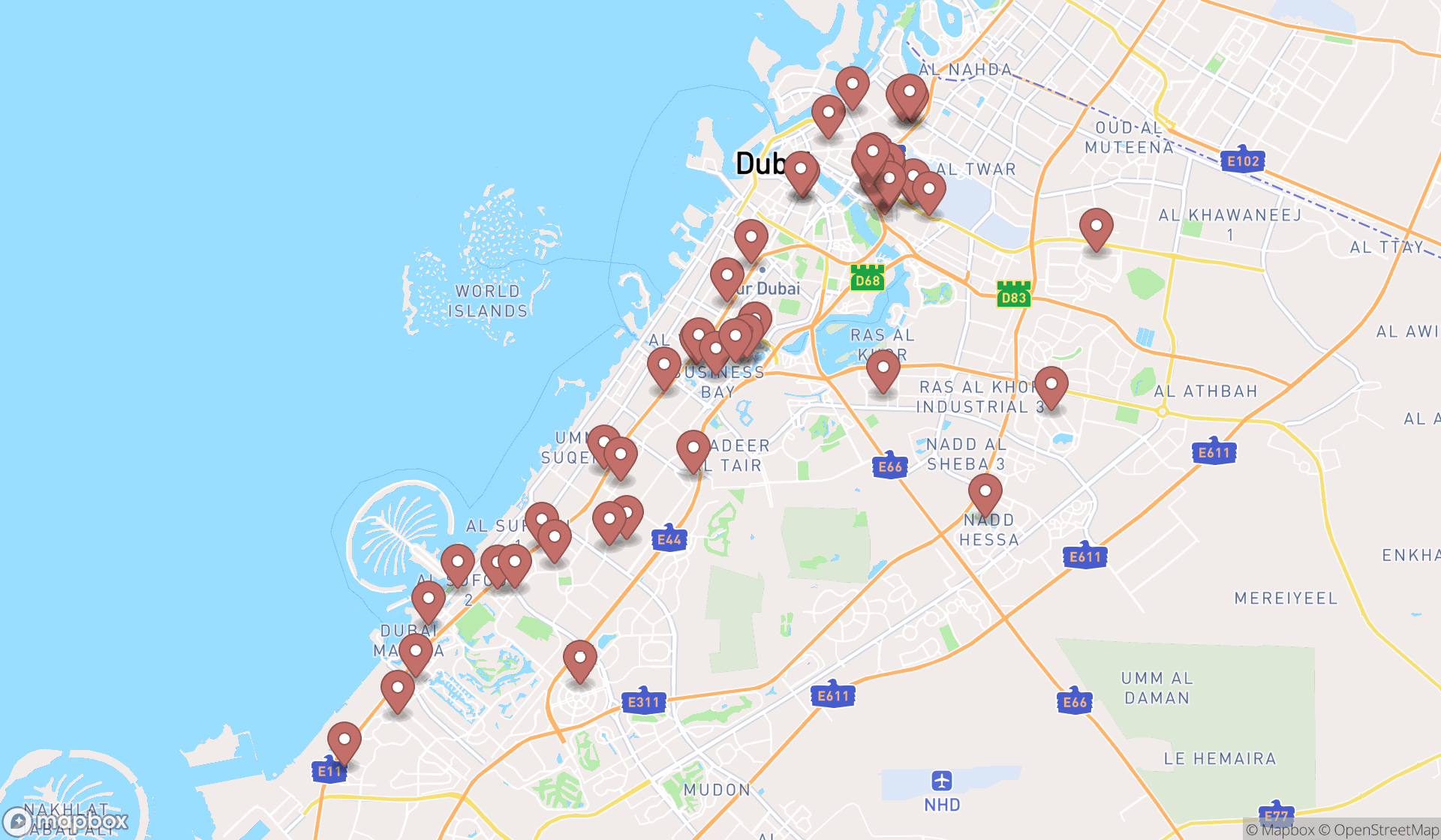Map showing the search results in Dubai