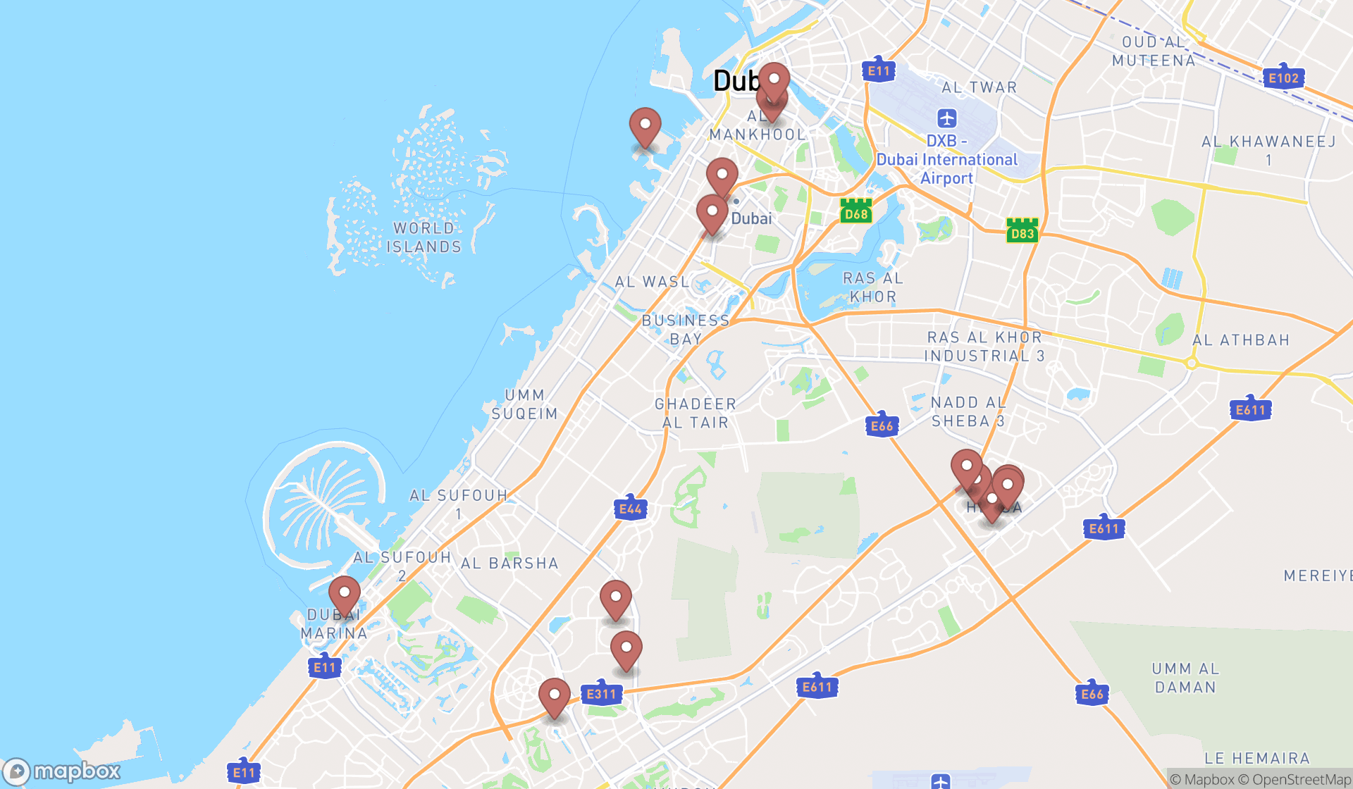 Map showing the search results in Dubai