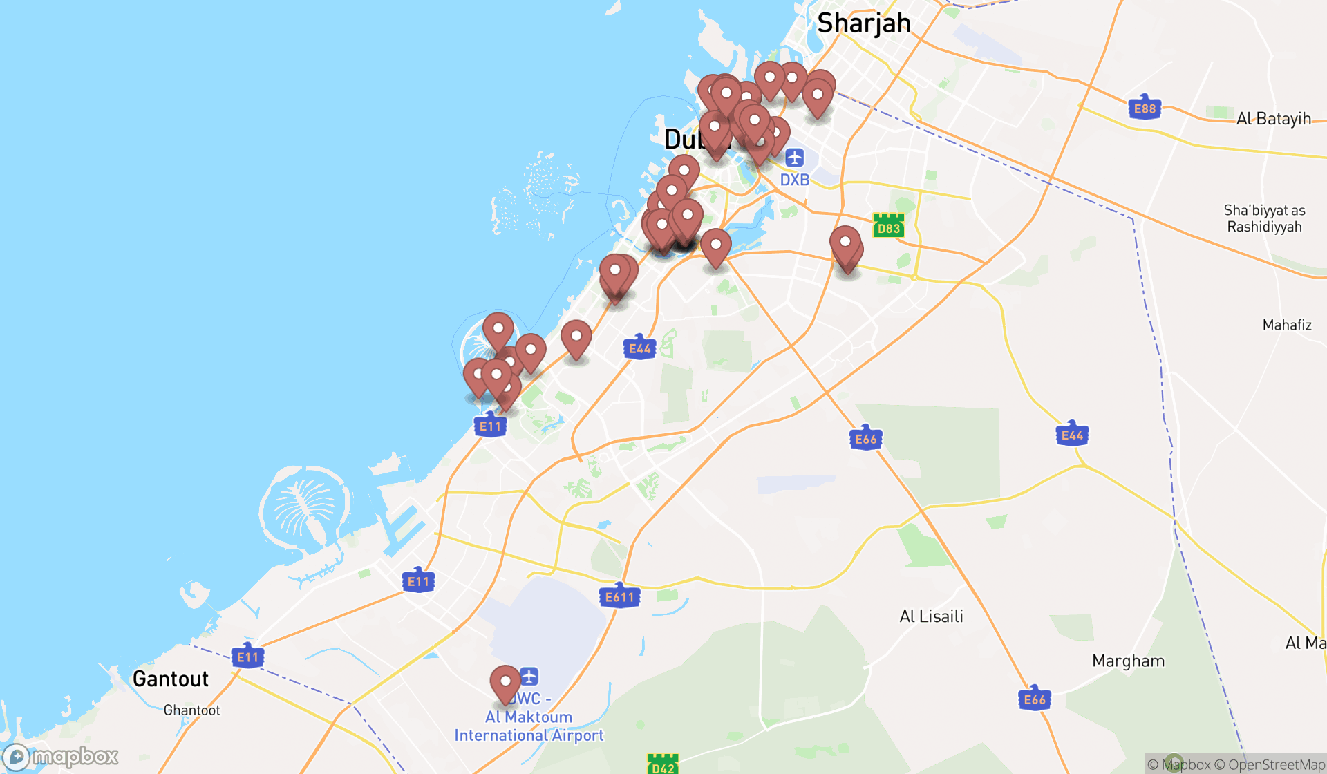 Map showing the search results in Dubai