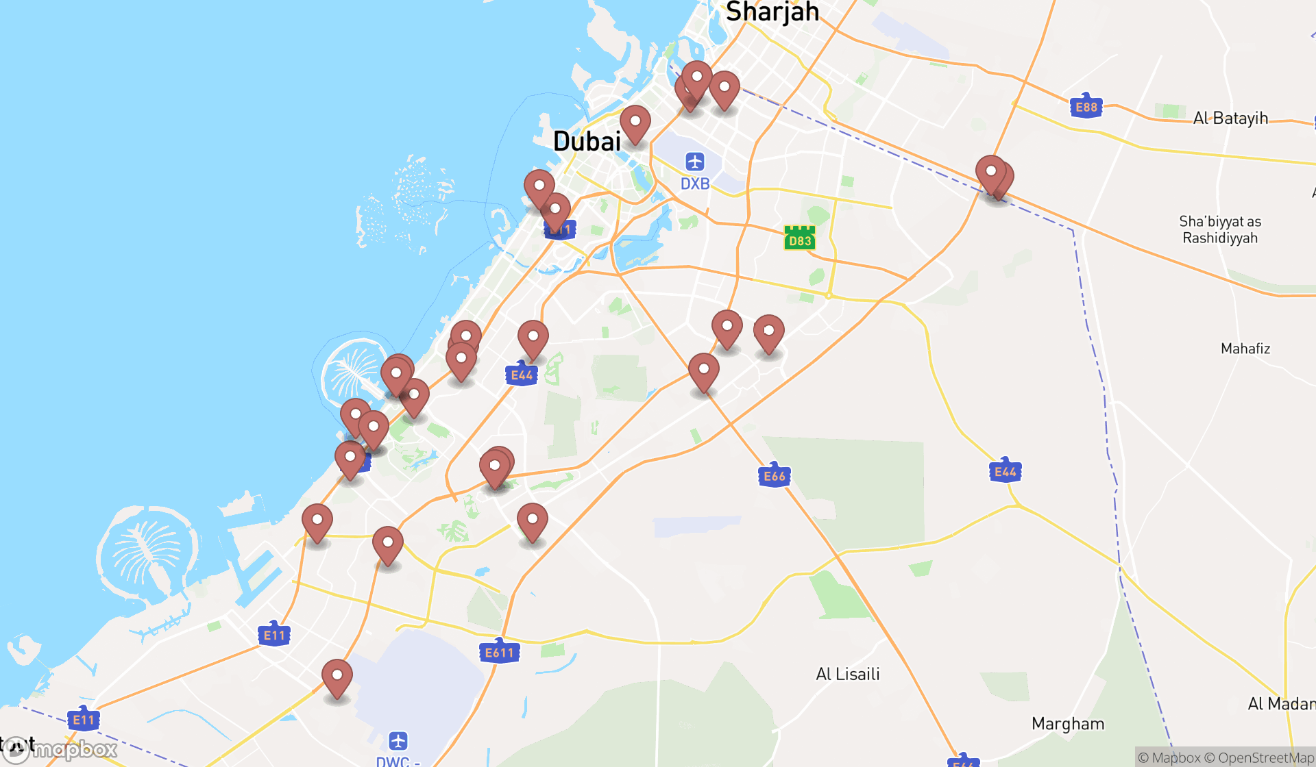 Map showing the search results in Dubai