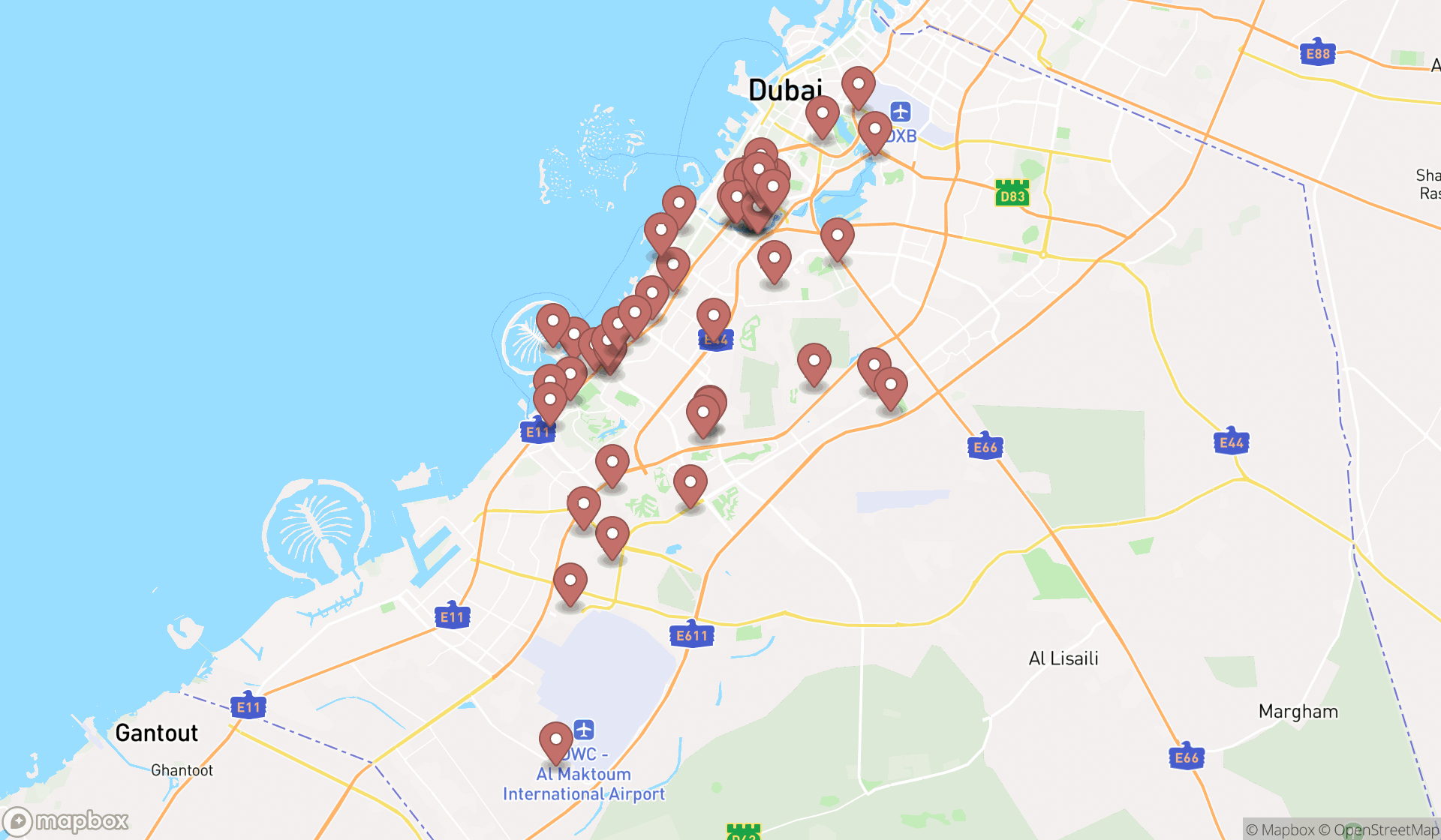 Map showing the search results in Dubai