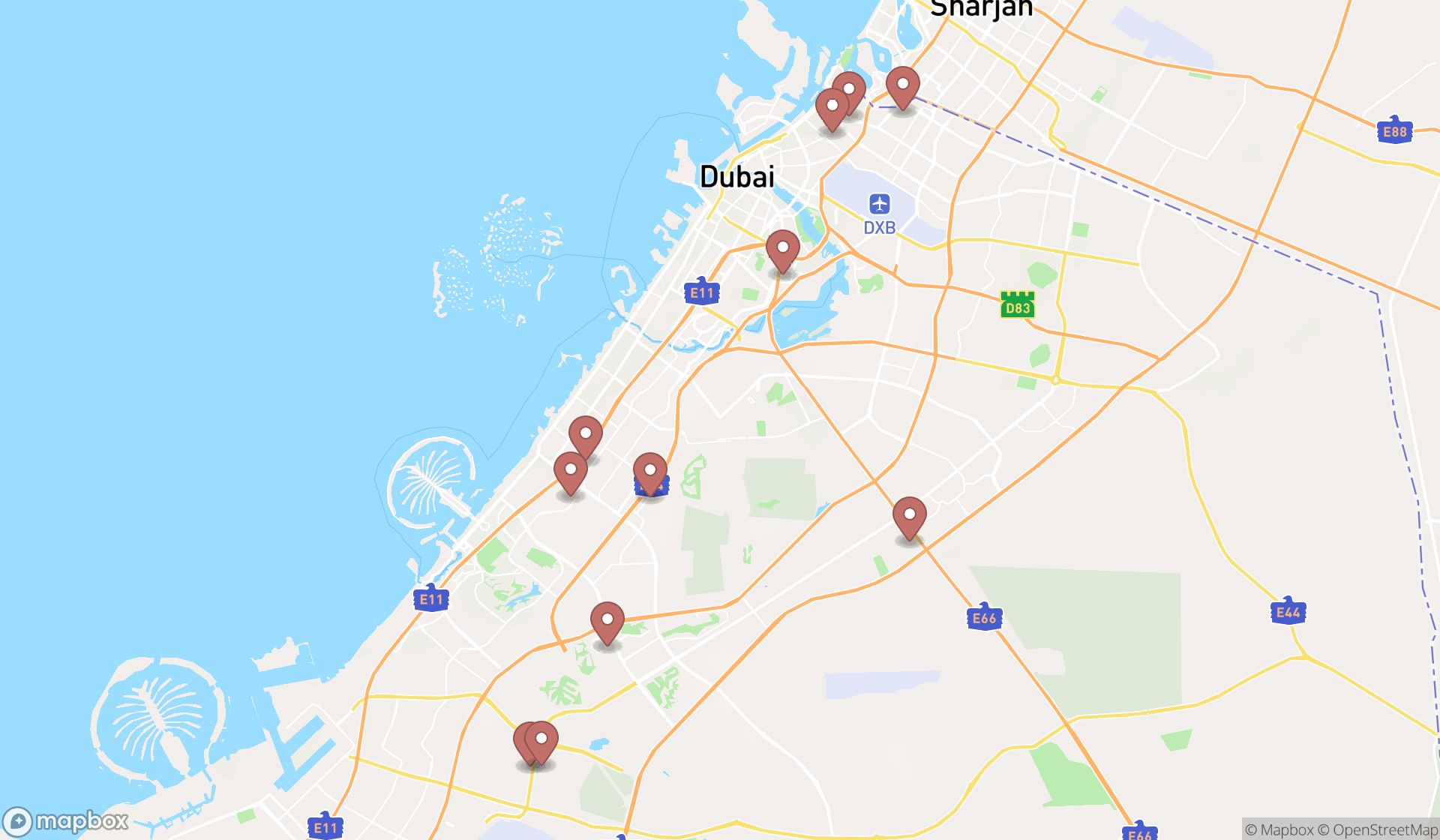 Map showing the search results in Dubai