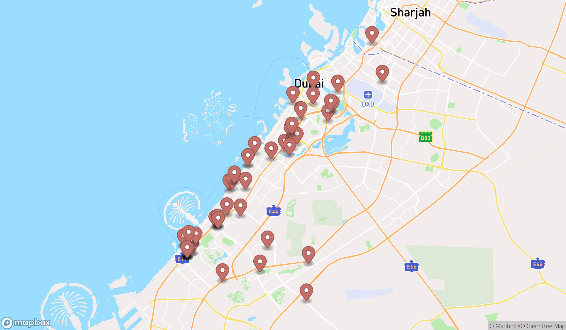 Map showing the search results in Dubai